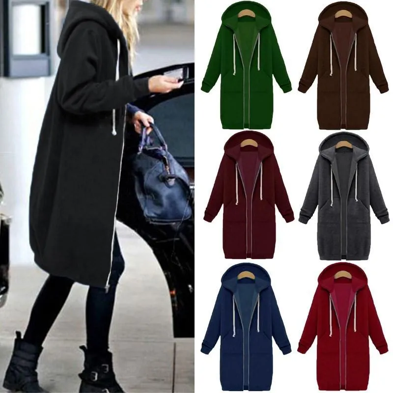10 Colors Casual Women Long Hoodies Pockets Zip Up
