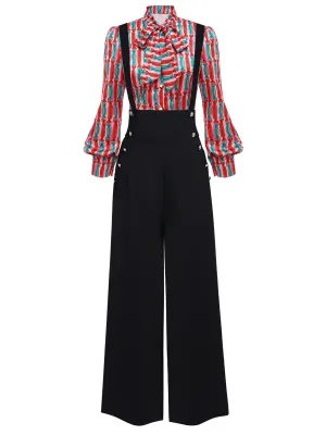 2PCS 1950s Candy Tie-Up Blouse & Black Suspender Pants
