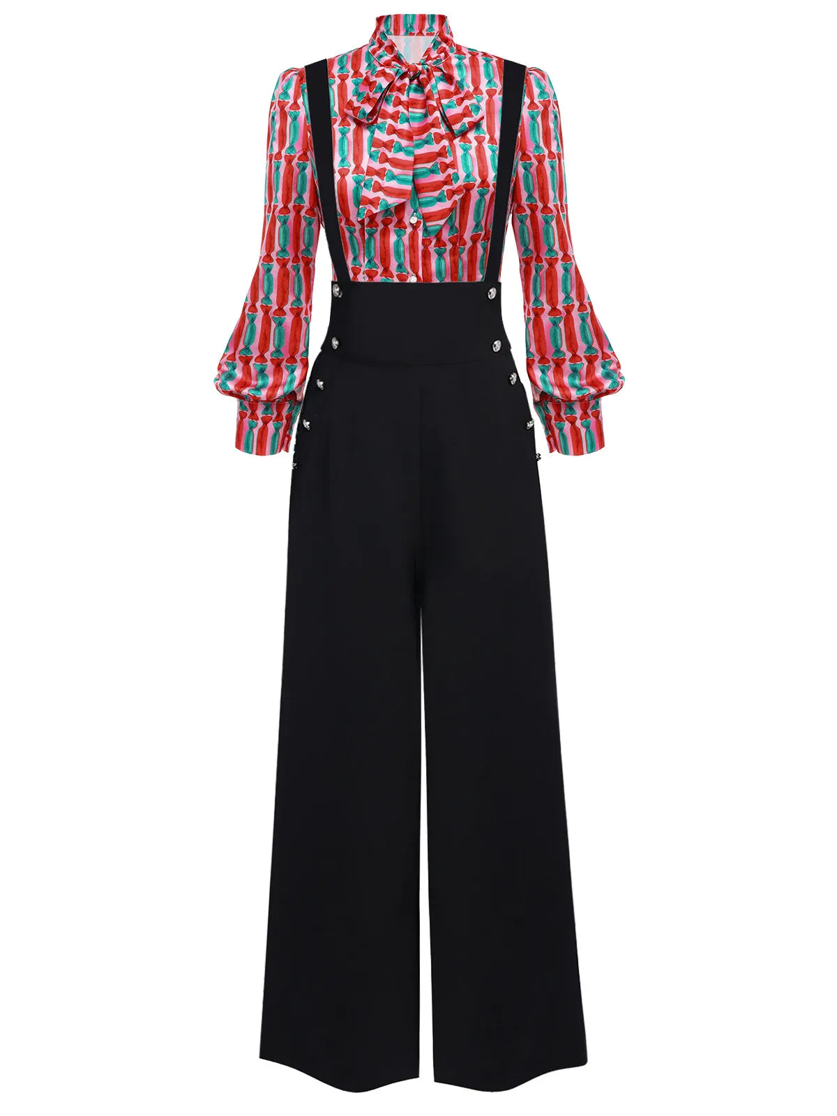 2PCS 1950s Candy Tie-Up Blouse & Black Suspender Pants