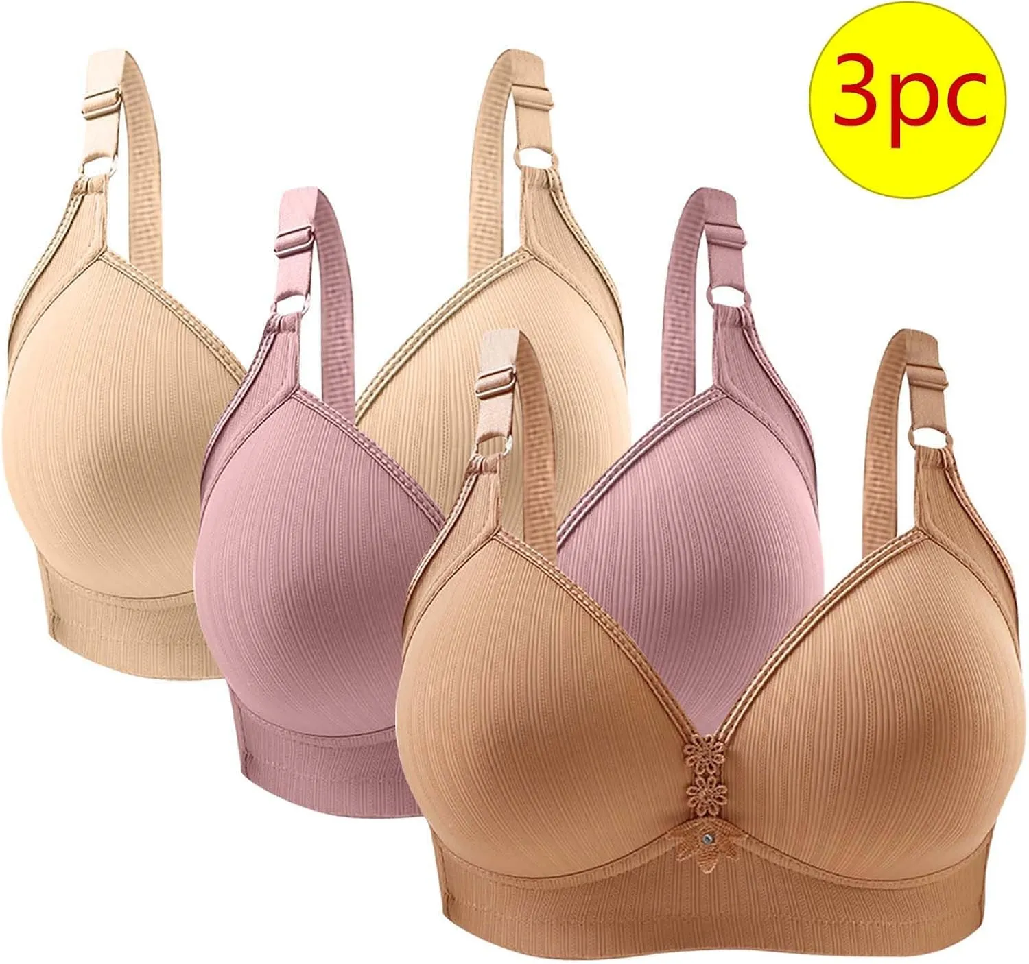 3 Pieces Bras for Women Breathable Solid Full Coverage Wireless T Shirt Bras Breathable Push Up Liftup Bralettes