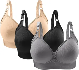 3 Pieces Bras for Women Breathable Solid Full Coverage Wireless T Shirt Bras Breathable Push Up Liftup Bralettes
