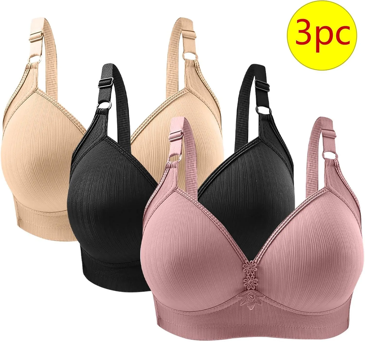 3 Pieces Bras for Women Breathable Solid Full Coverage Wireless T Shirt Bras Breathable Push Up Liftup Bralettes