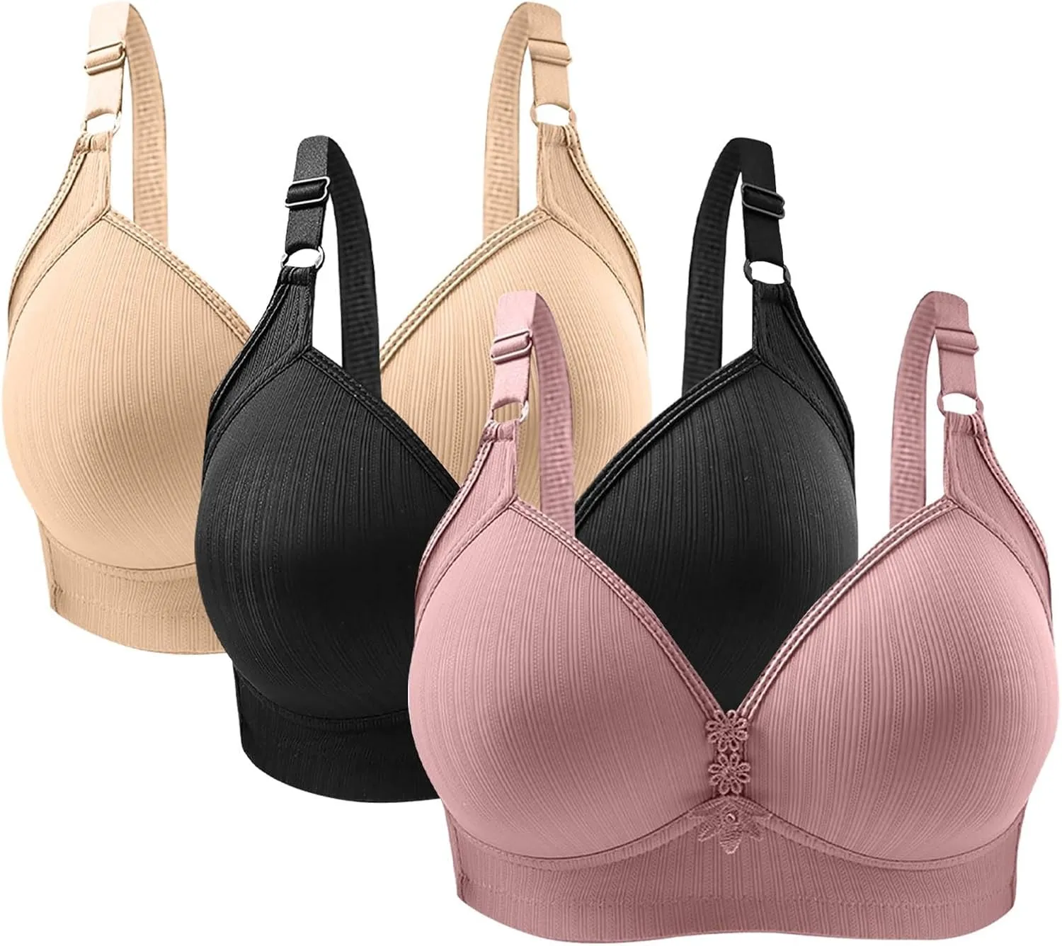 3 Pieces Bras for Women Breathable Solid Full Coverage Wireless T Shirt Bras Breathable Push Up Liftup Bralettes