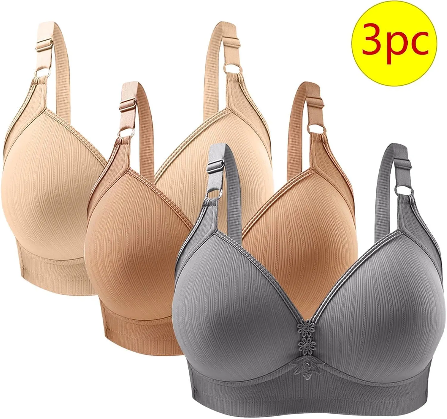 3 Pieces Bras for Women Breathable Solid Full Coverage Wireless T Shirt Bras Breathable Push Up Liftup Bralettes
