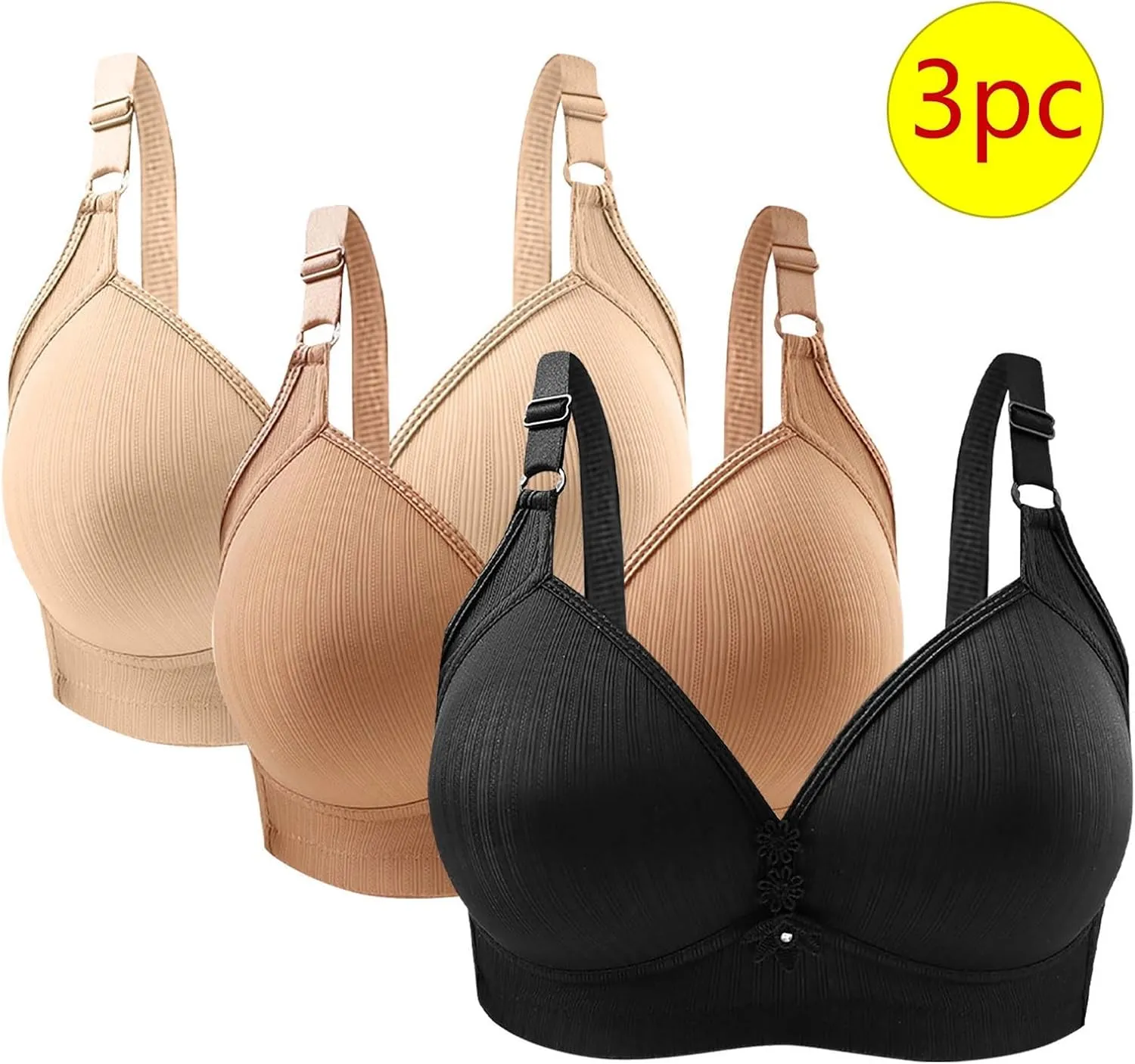 3 Pieces Bras for Women Breathable Solid Full Coverage Wireless T Shirt Bras Breathable Push Up Liftup Bralettes