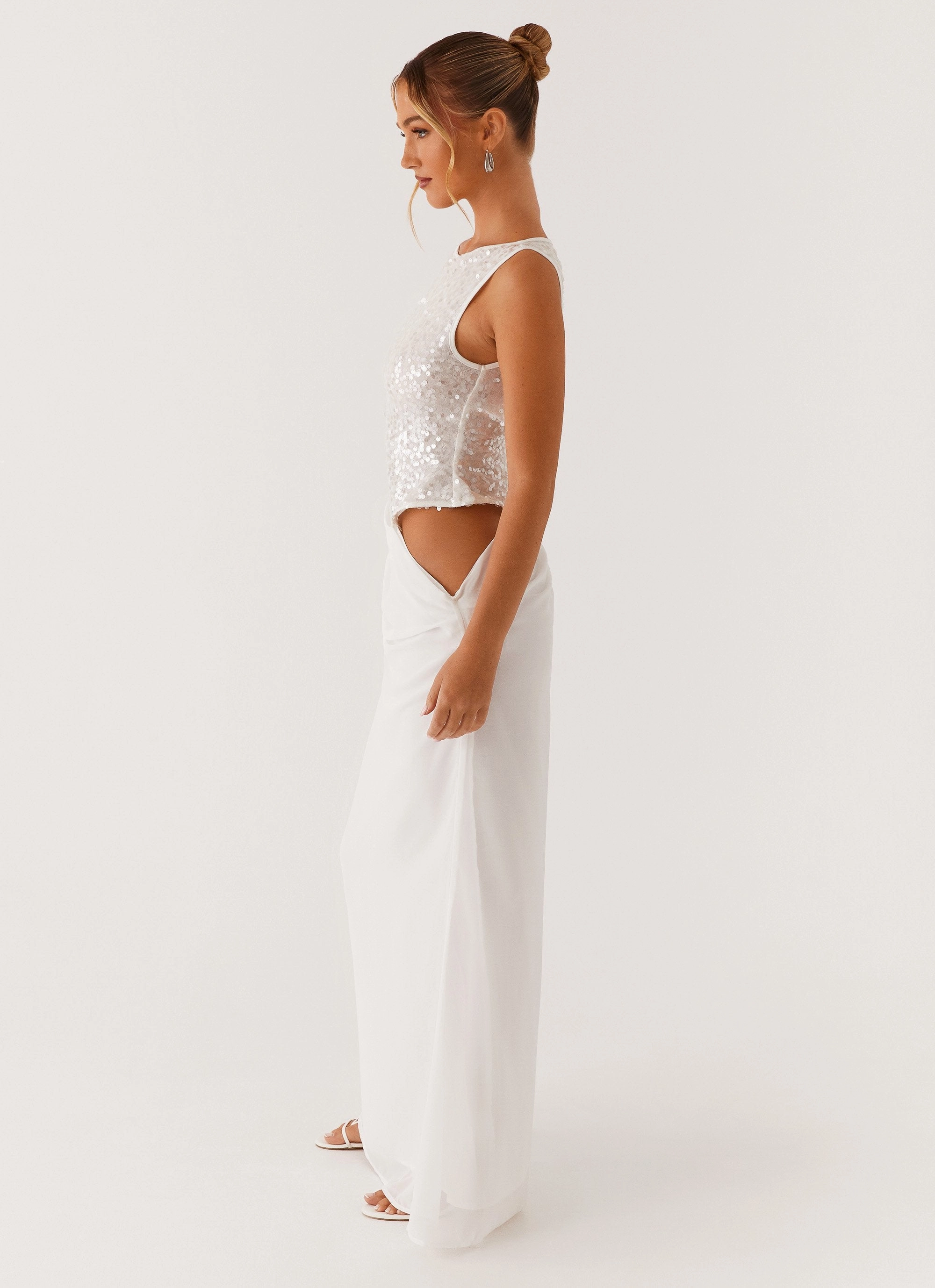 Above Ground Sequin Maxi Dress - White Chic Everyday Wear Olive Tone