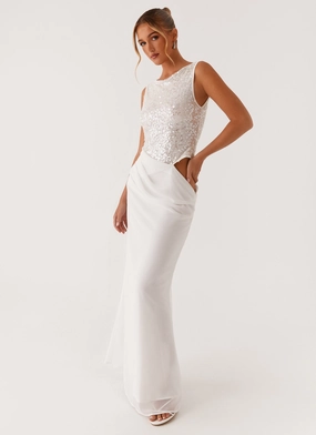 Above Ground Sequin Maxi Dress - White Soft Shape Relaxed Waist Fit