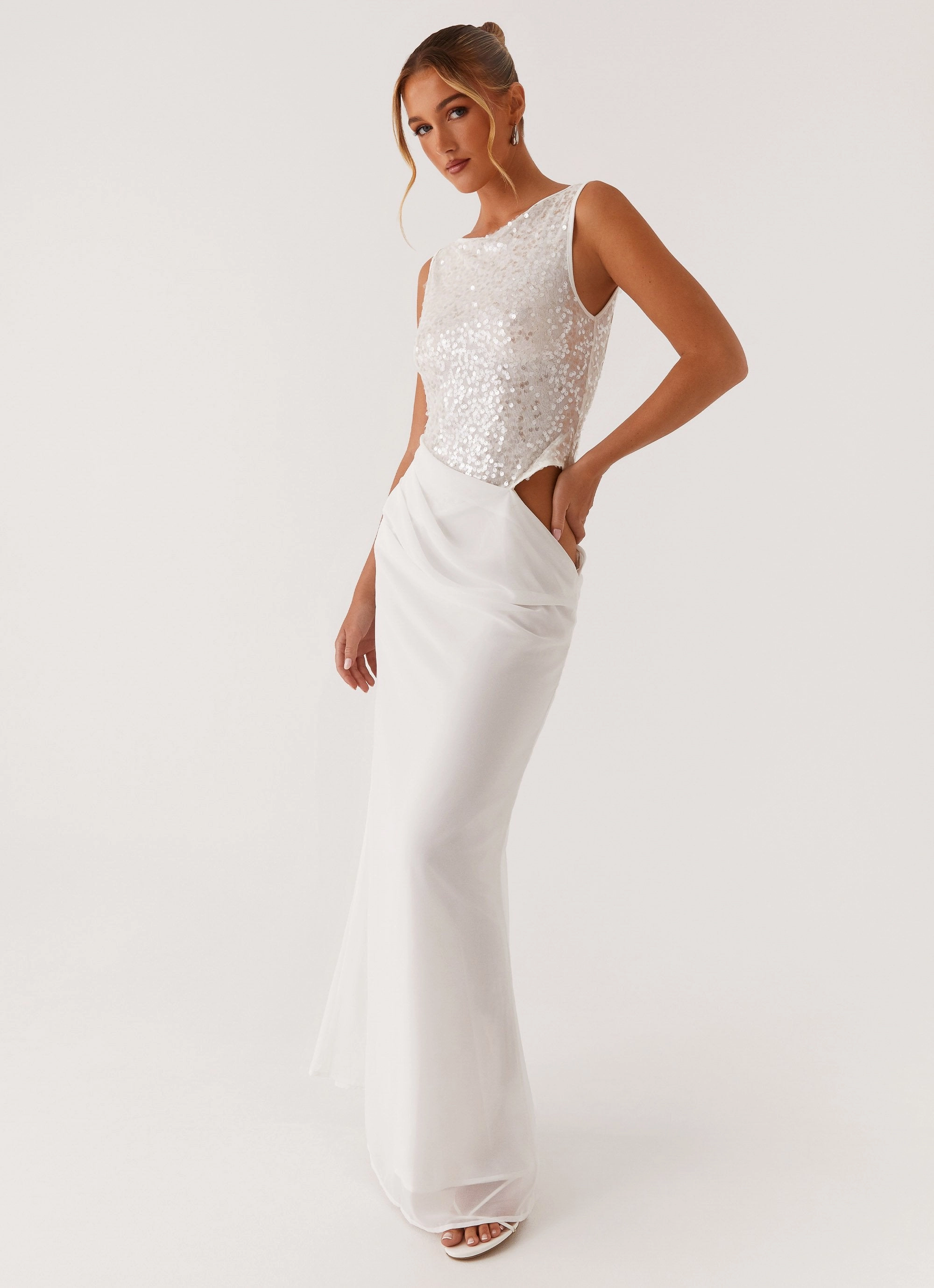 Above Ground Sequin Maxi Dress - White Soft Shape Relaxed Waist Fit