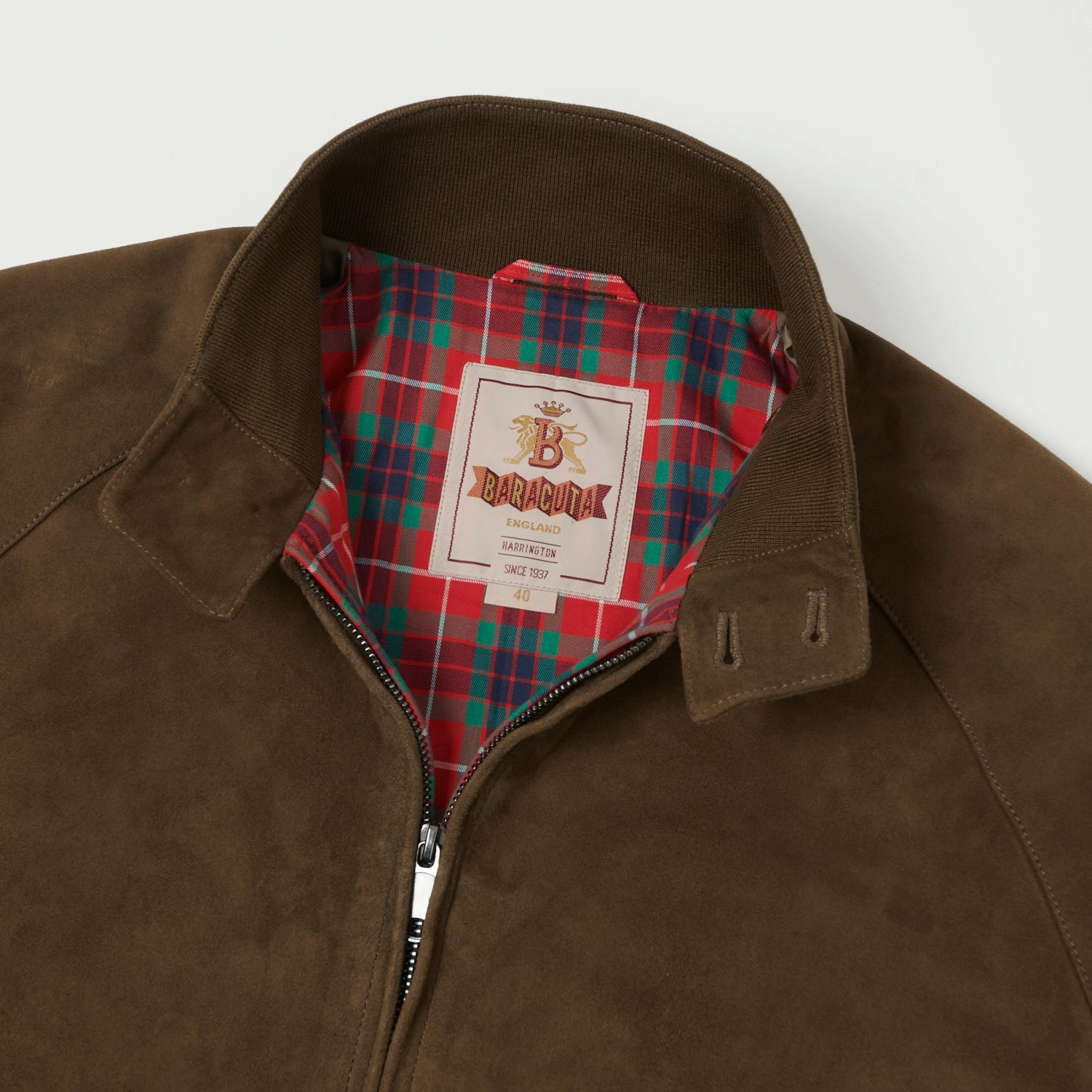 Baracuta G9 Suede Harrington Jacket - Dark Olive Reflective Trim