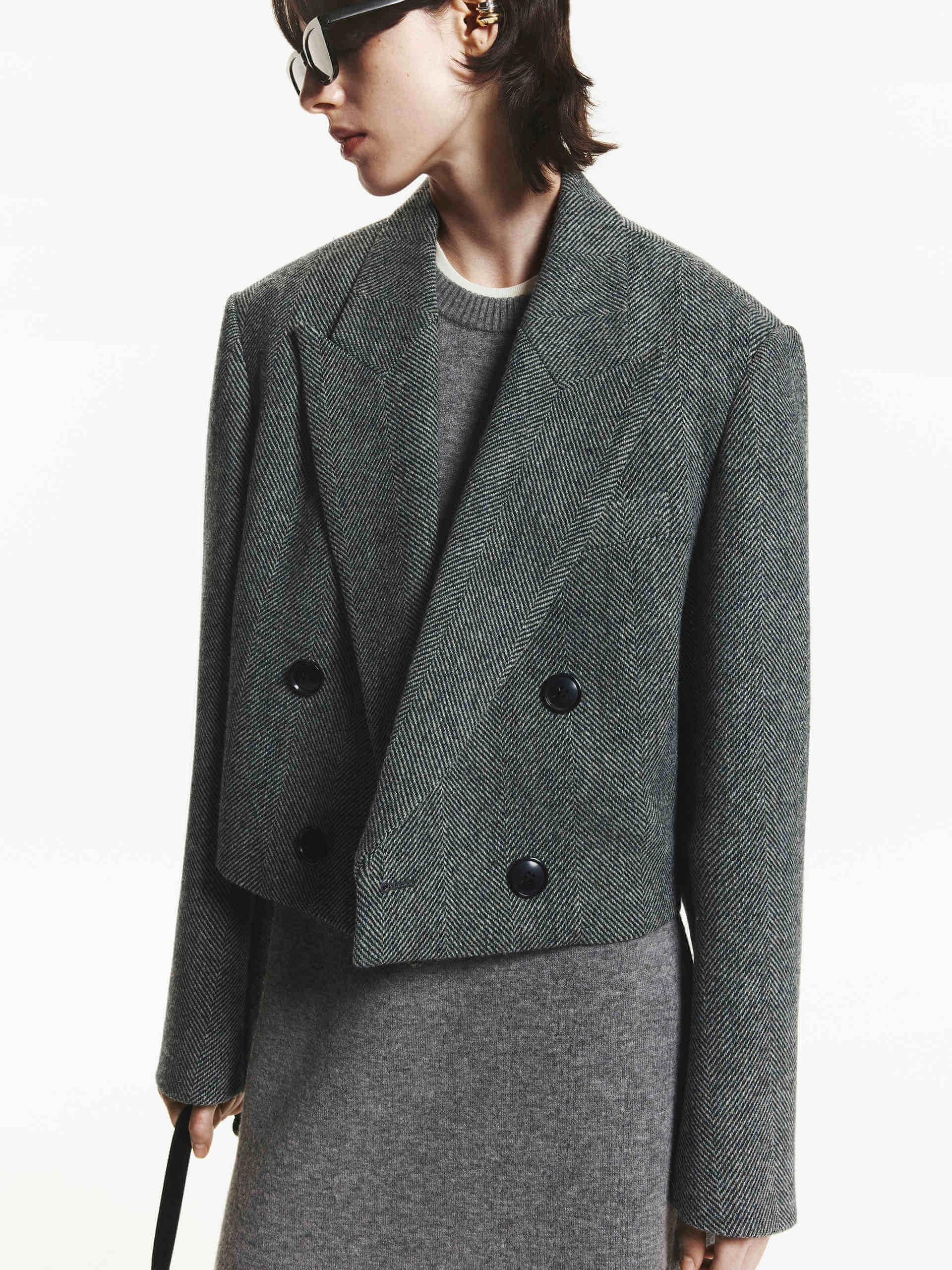 High Performance Blend Herringbone Cropped Blazer