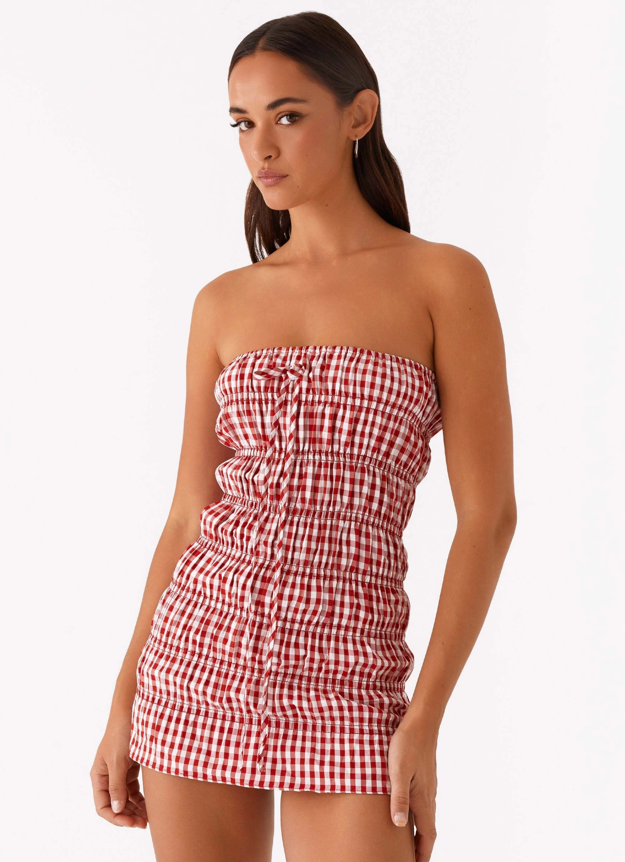 Adele Mini Dress - Red Gingham Vintage Vibe Bell-Sleeve