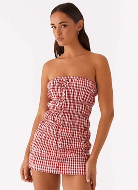 Adele Mini Dress - Red Gingham Vintage Vibe Bell-Sleeve