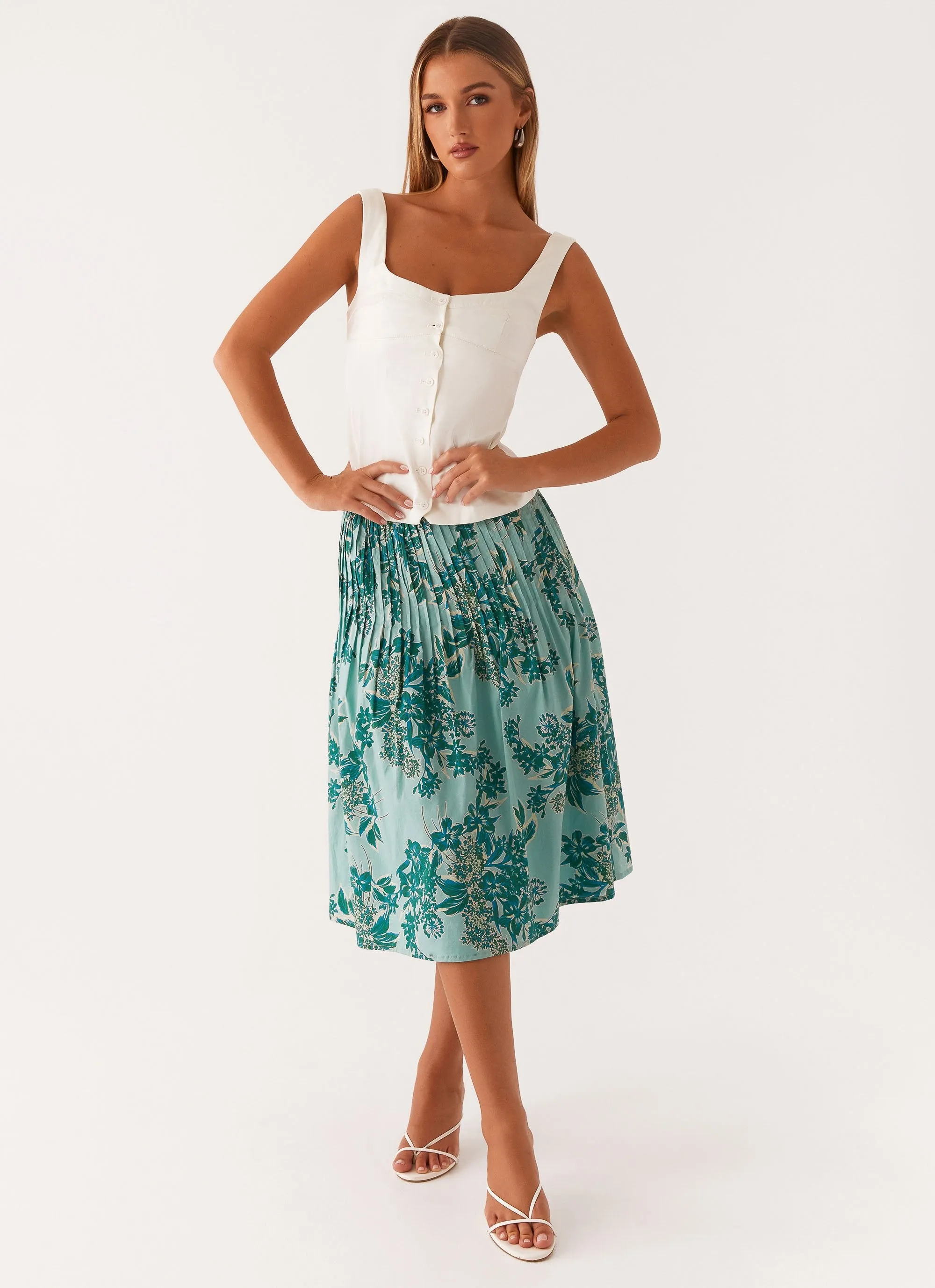Machine wash safe Textured Surface Dreamscape Midi Skirt - Cloud Nine Floral