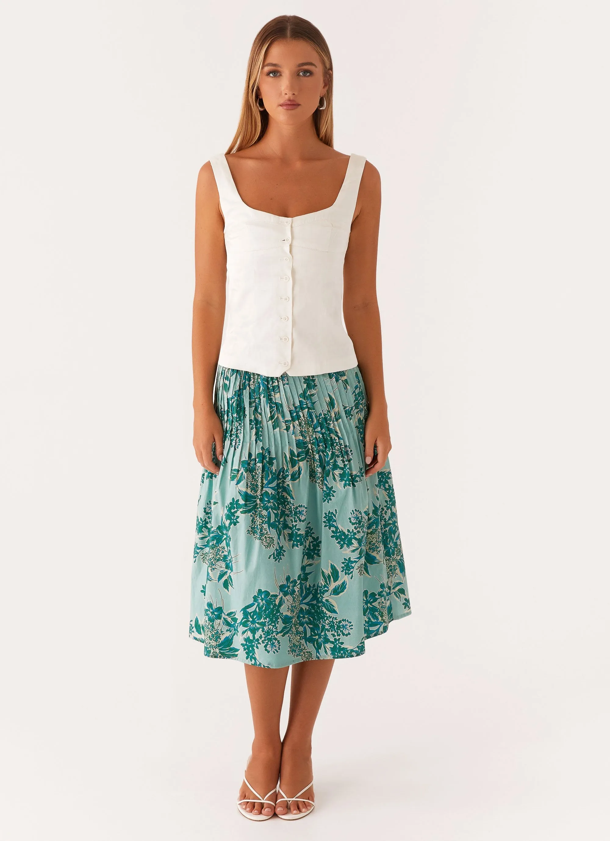 Diagonal Slit Dreamscape Midi Skirt - Cloud Nine Floral