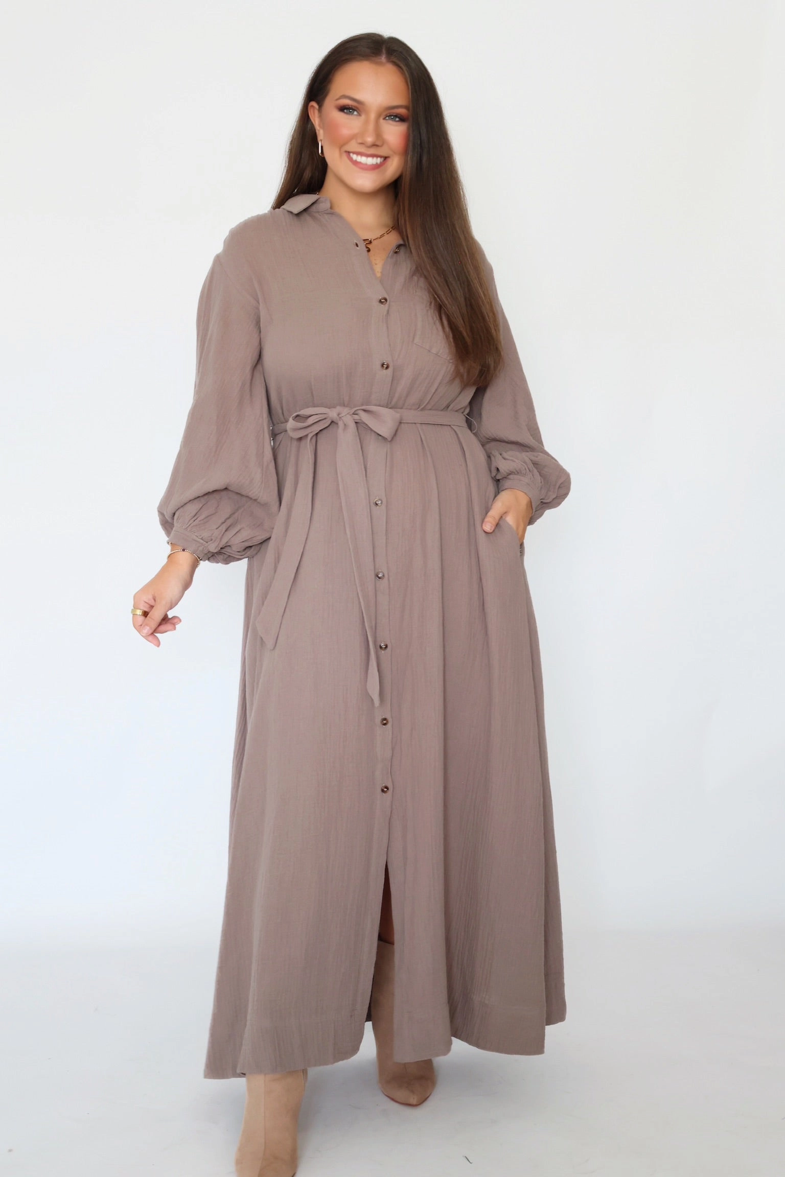 Falling For You Shirt Dress - Mushroom (FINAL SALE) Reinforced Neckline