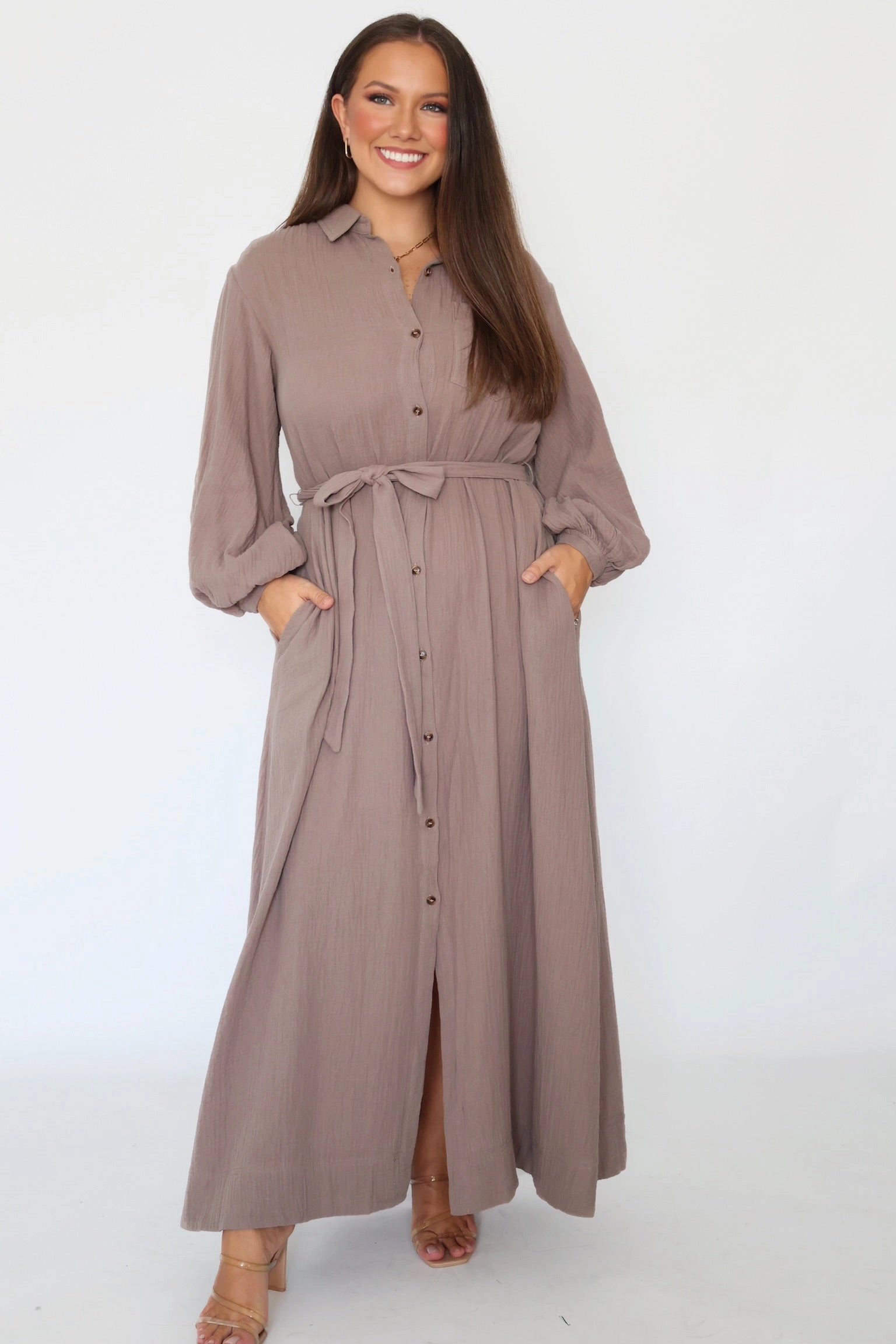 Falling For You Shirt Dress - Mushroom (FINAL SALE) Interlock Weave Fashion Blouse