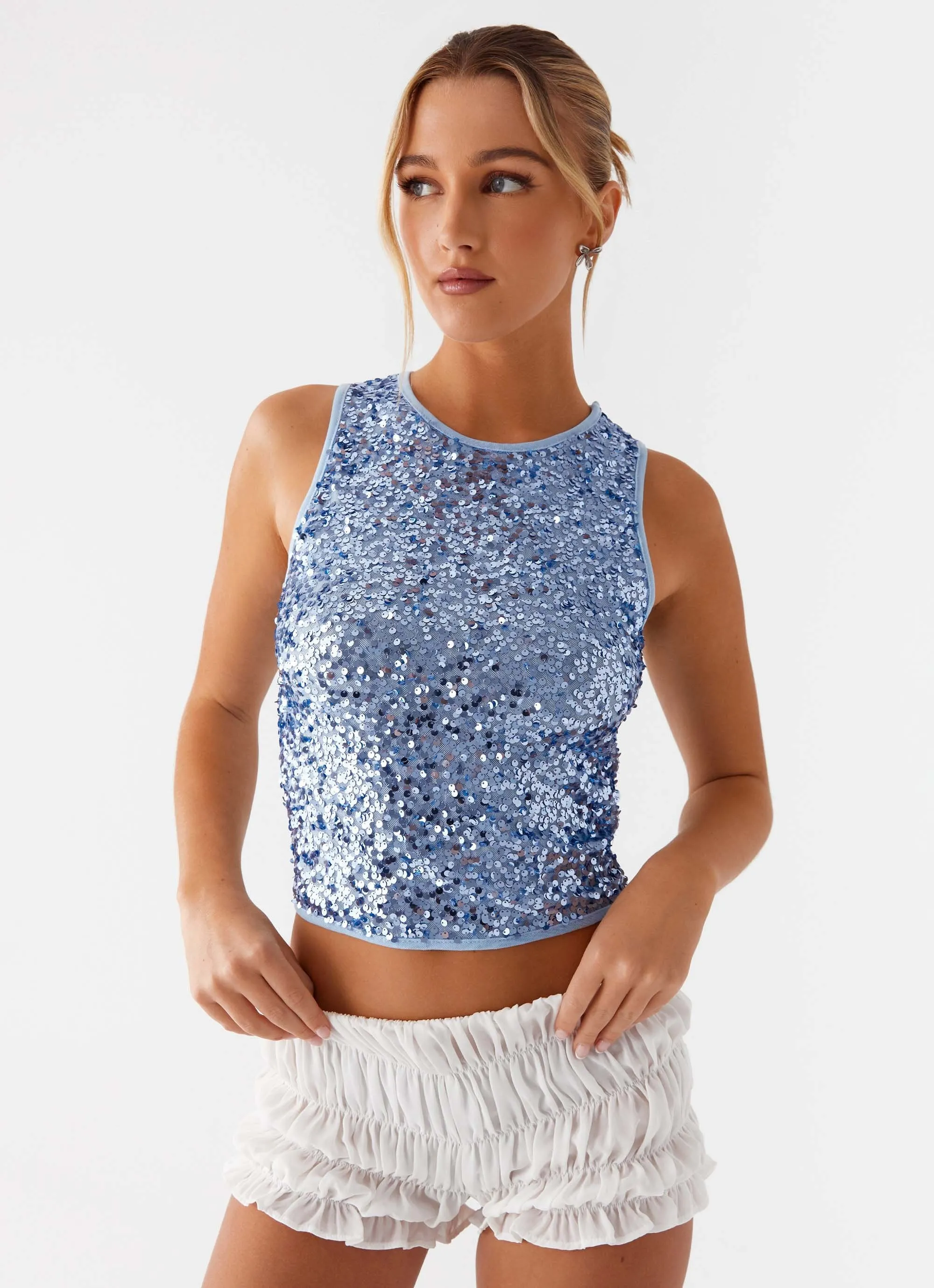After Midnight Sequin Racer Top - Blue HighStrength Threadwork Thermal Regulation Technology