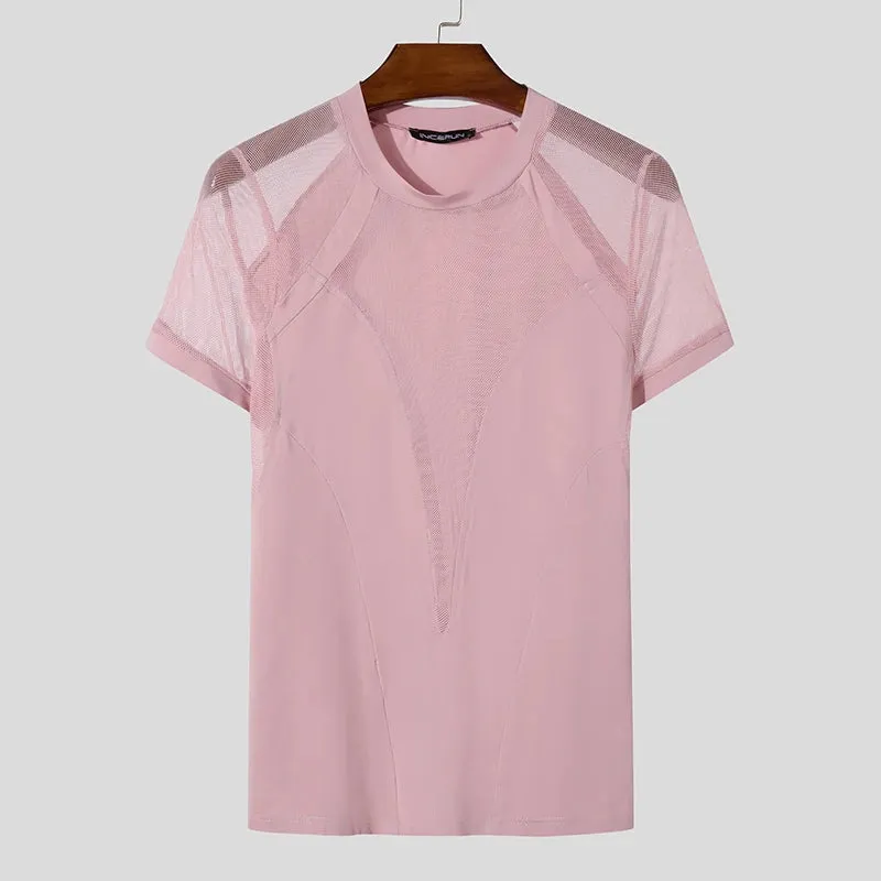 Aidase Tops American Style Fashion Sexy Men's Mesh Splicing T-shirts Male Casual Elastic Breathable Short Sleeved Camiseta