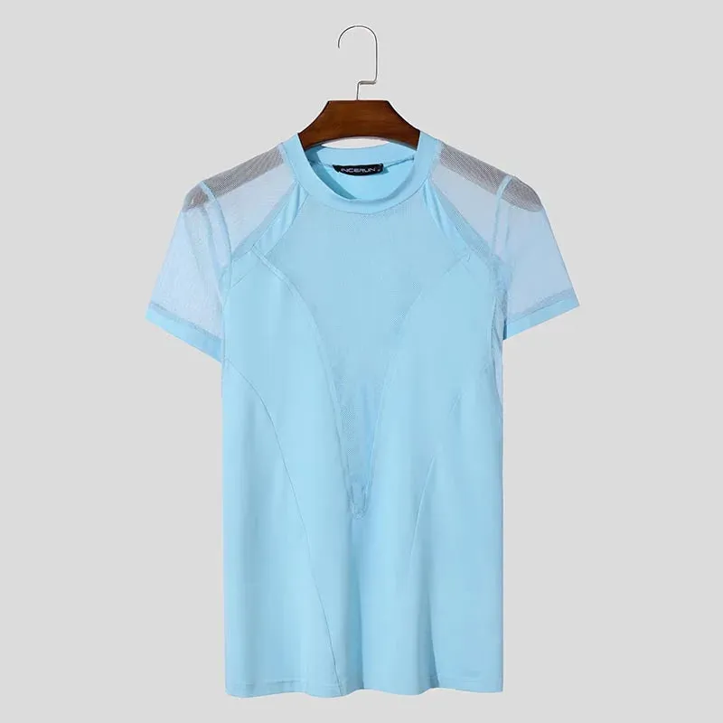 Aidase Tops American Style Fashion Sexy Men's Mesh Splicing T-shirts Male Casual Elastic Breathable Short Sleeved Camiseta