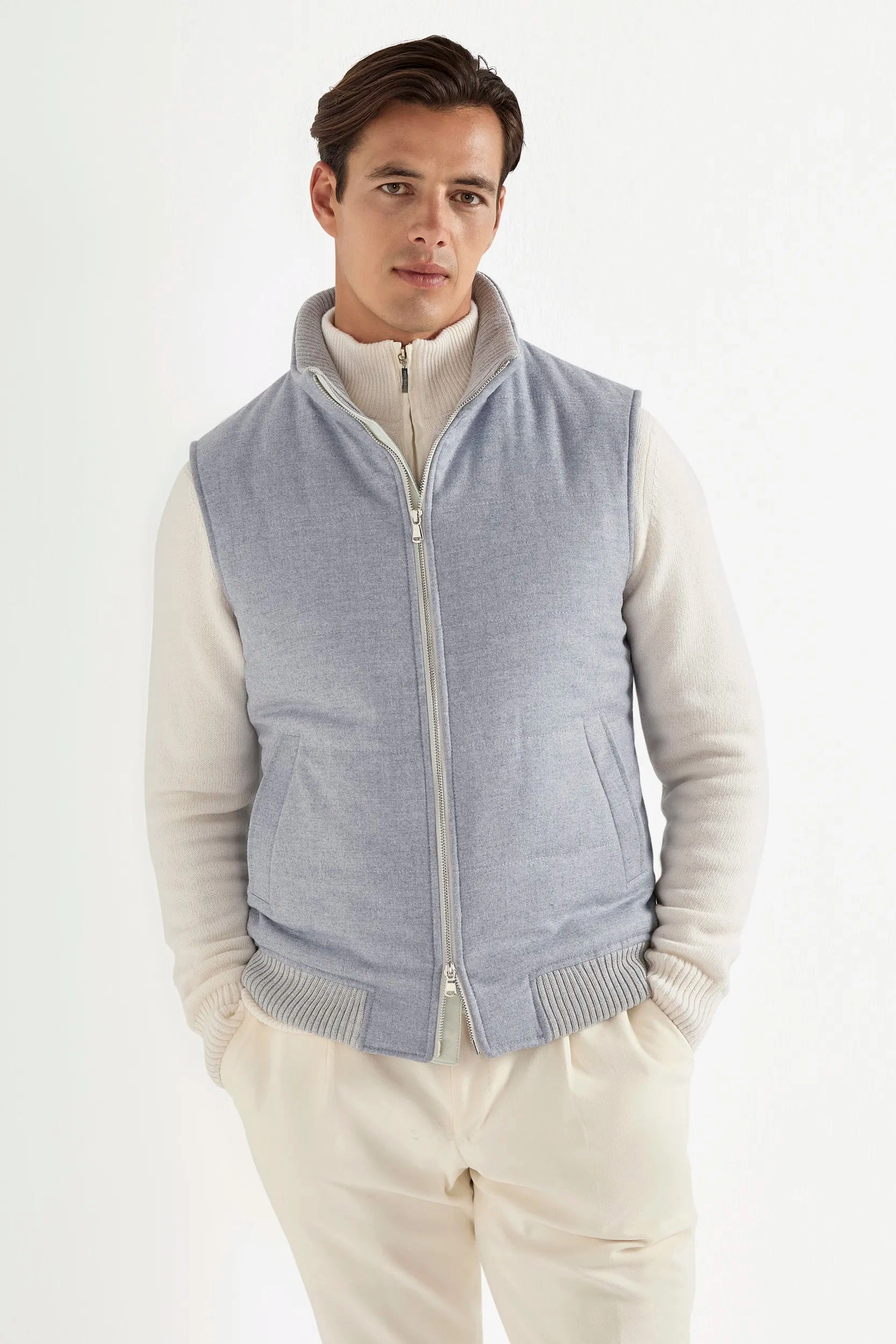 Detachable Layer Light blue down vest in wool & cashmere ?C Made in Italy
