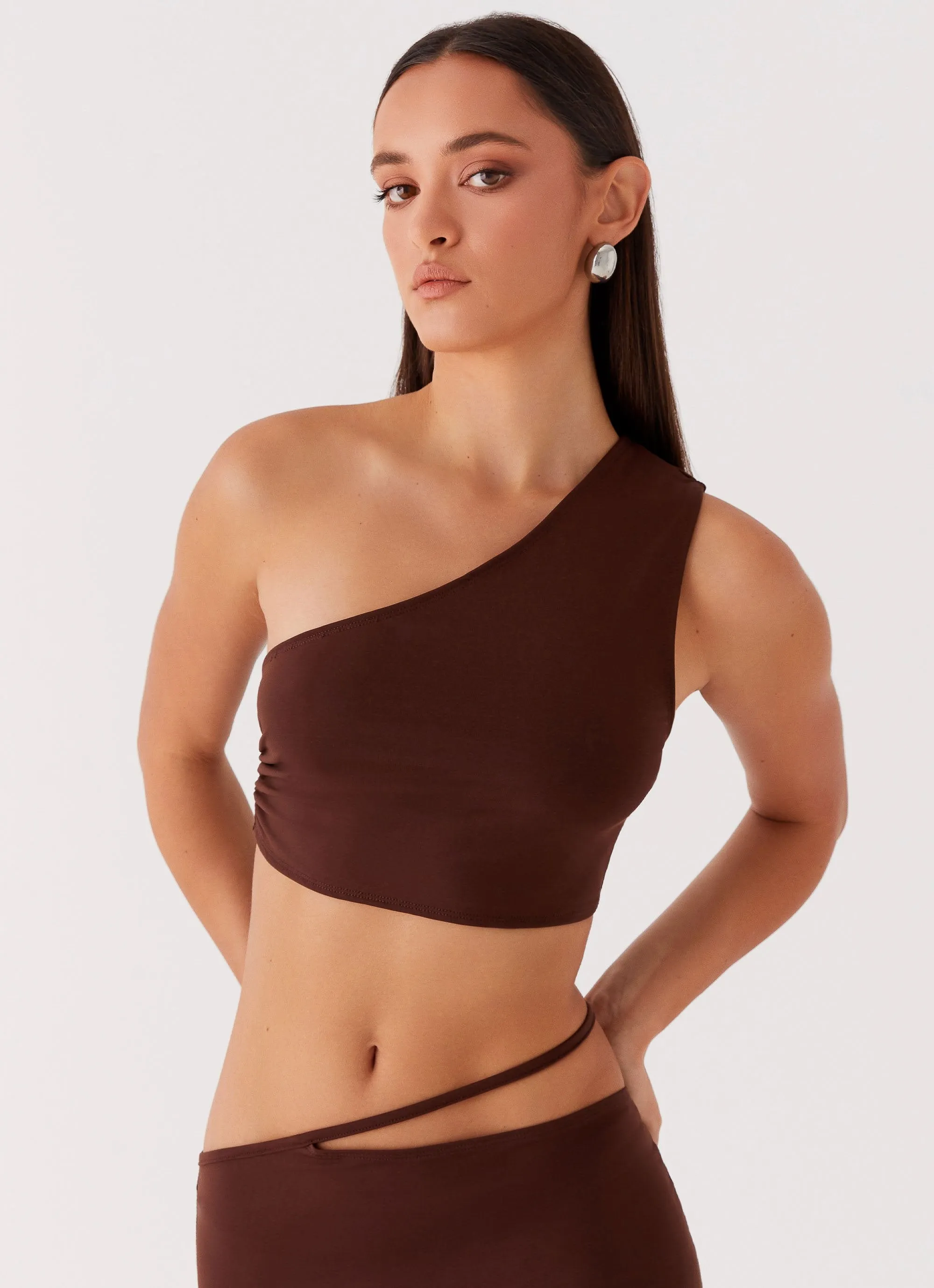 Simple Cut Like You Do One Shoulder Crop Top - Chocolate
