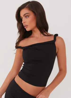 Solace Soul Twist Shoulder Top - Black High Stretch Fabric