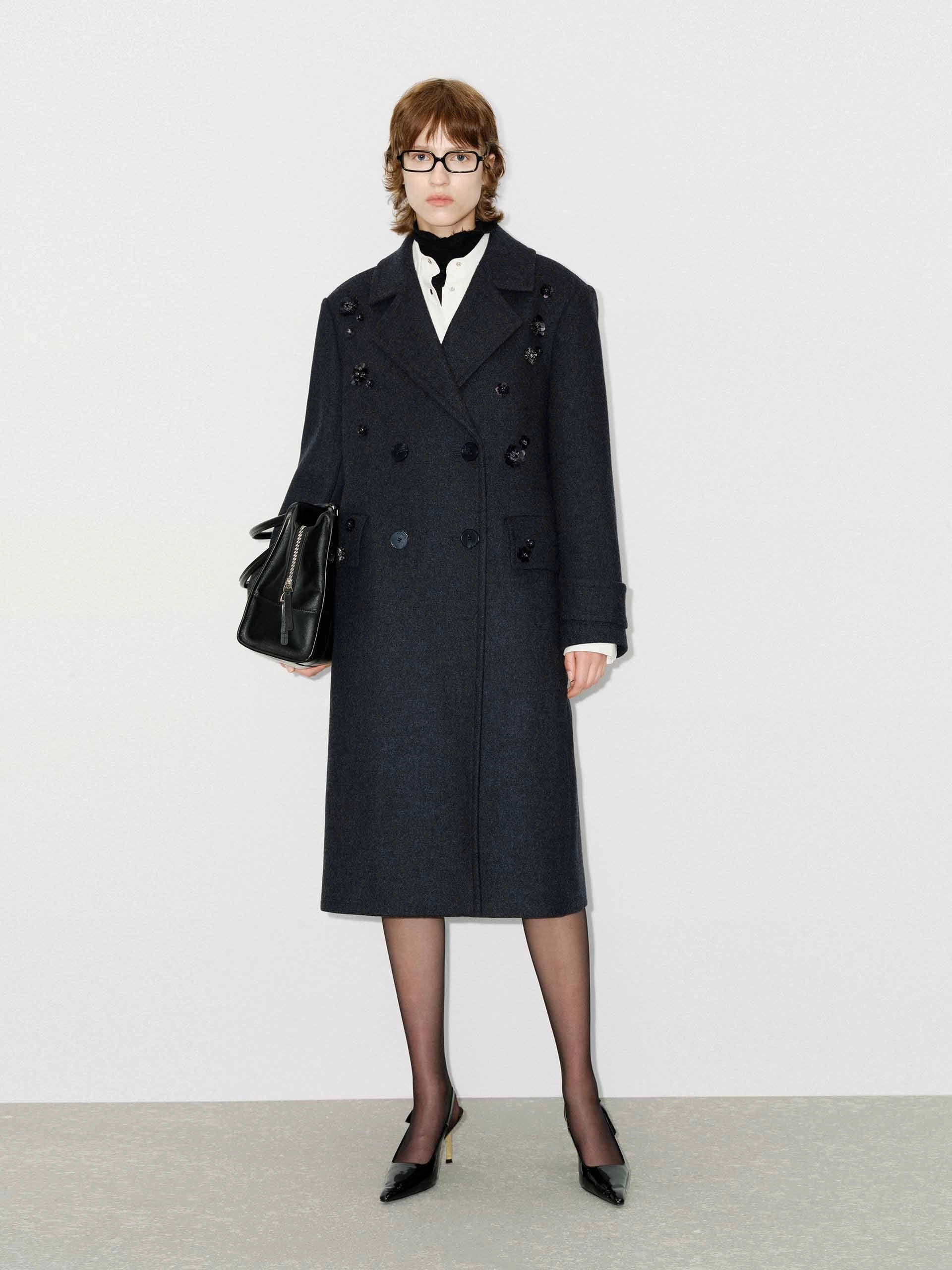 Merino Wool Sequin Coat Plaid Print