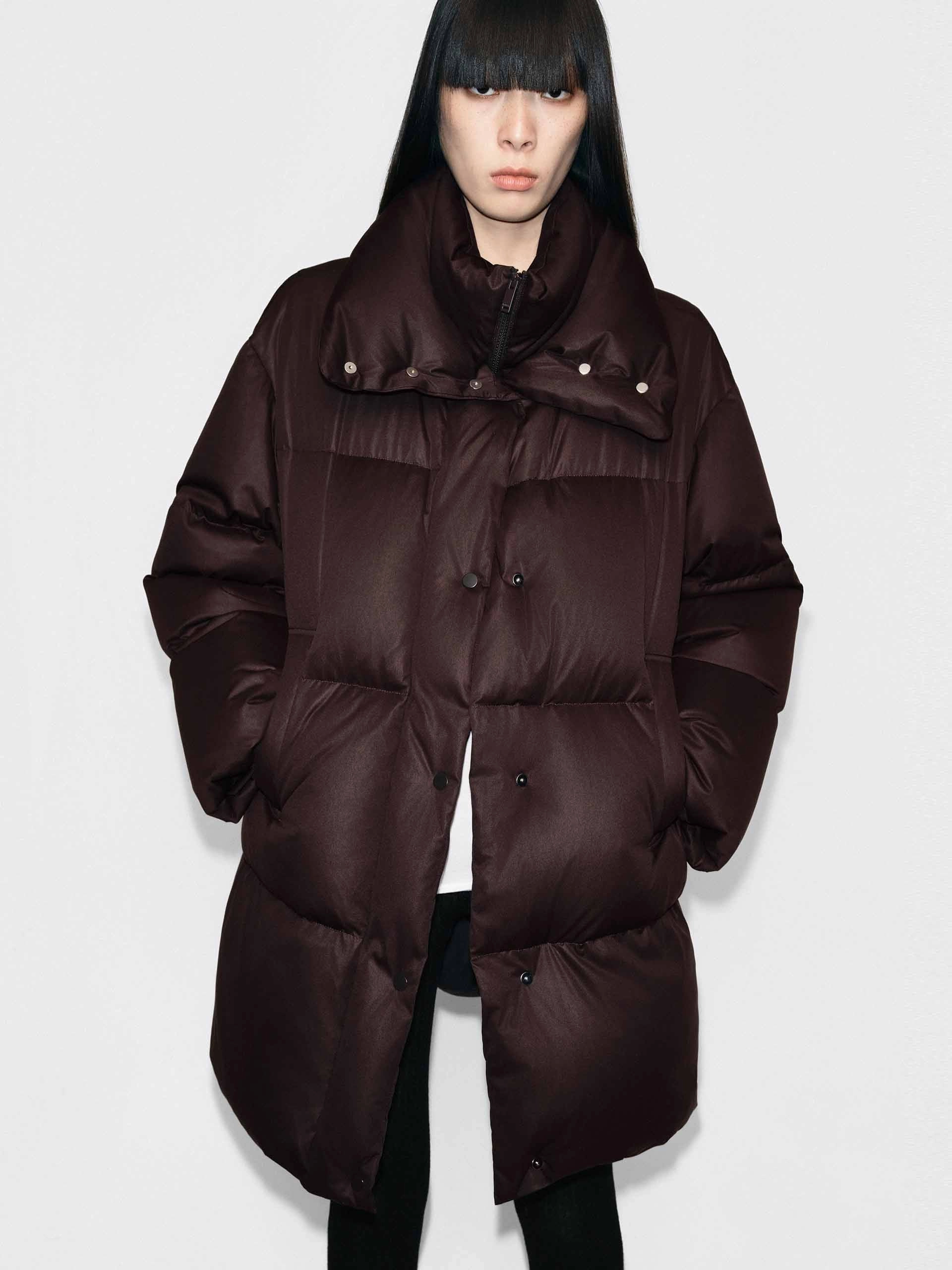 Midi Length Brown Down Jacket Quilted Pattern