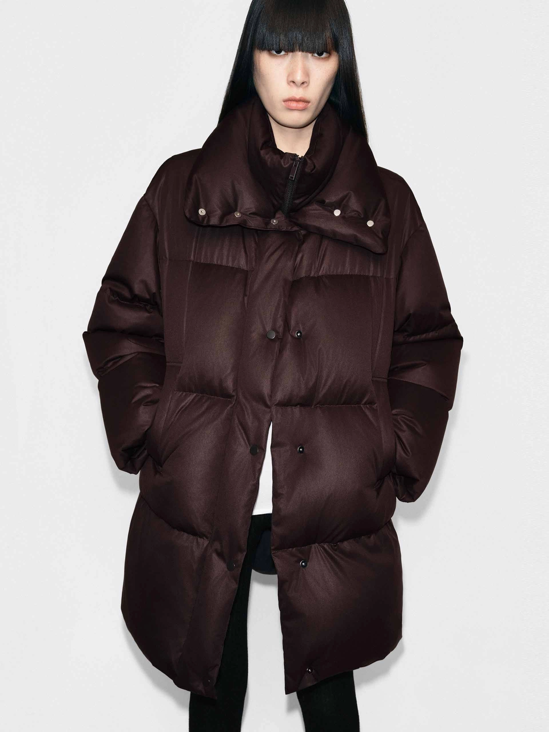 Midi Length Brown Down Jacket Noise Reduced Fabric