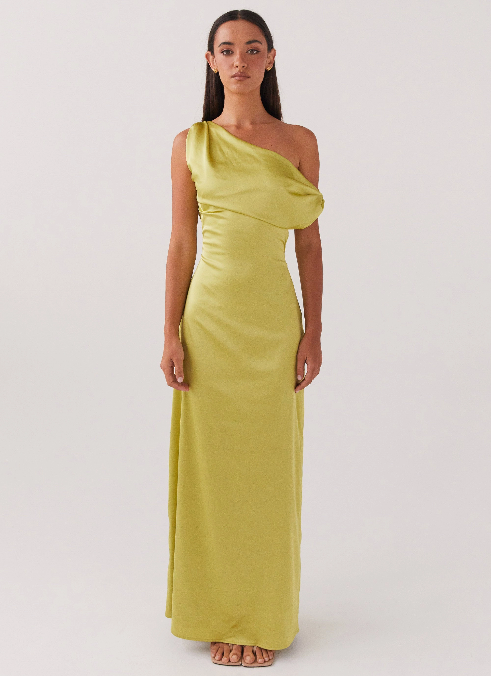 Relaxed and Effortless Simple Flow Heart Of Glass Satin Maxi Dress - Chartreuse
