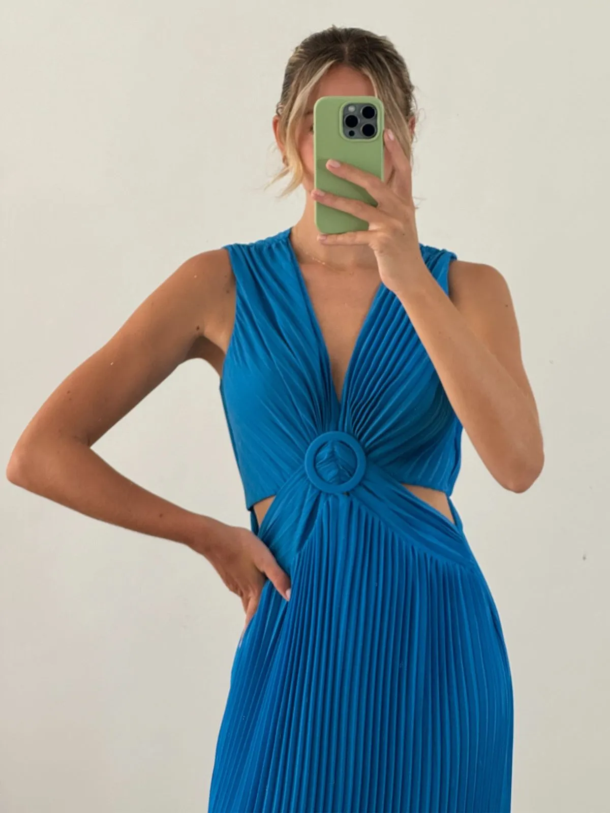 Alma Cut Out Pleated Dress in Blue Sophisticated cocktail dress Chic Tailoring Design