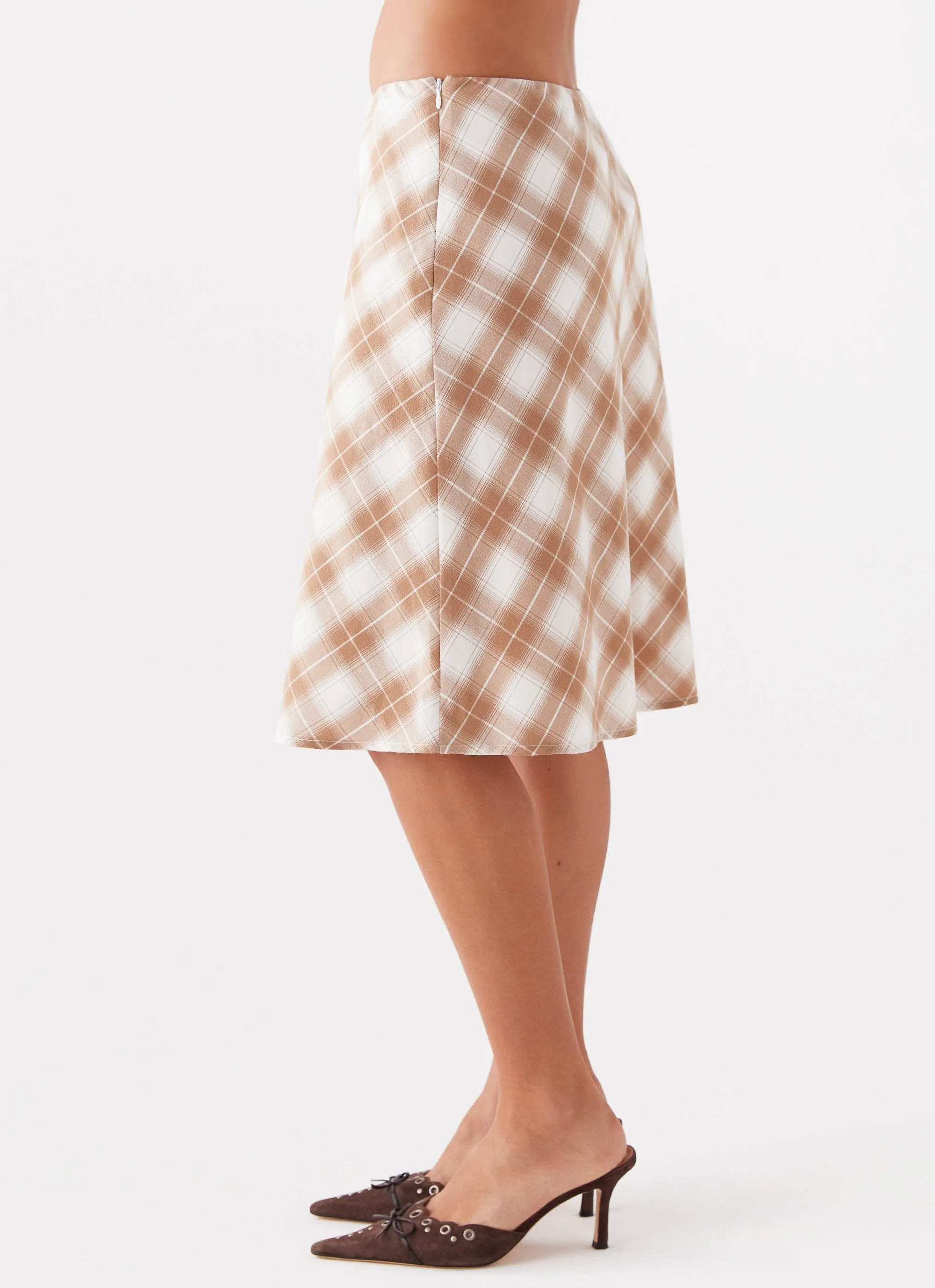 Andie Midi Skirt - Brown/White Plaid Travel Friendly