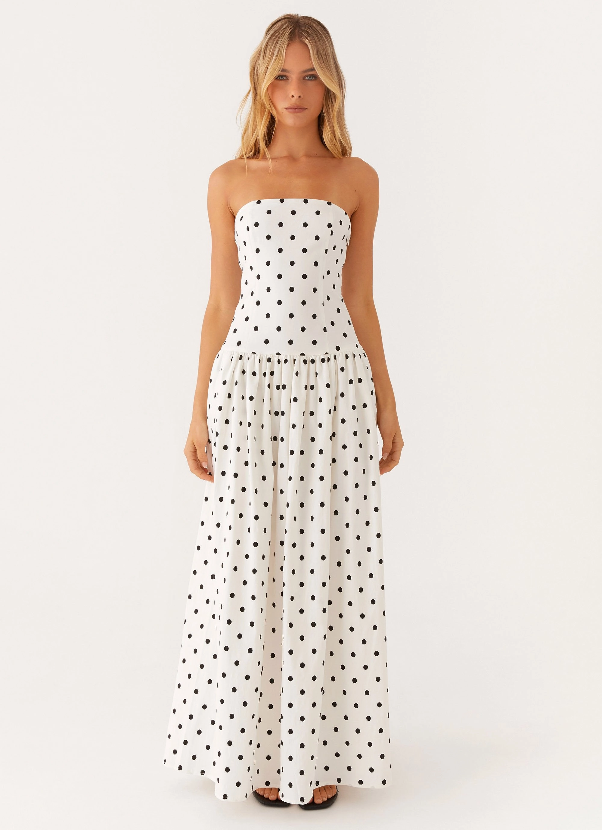 Andorra Maxi Dress - White Polkadot Perfect Waistband