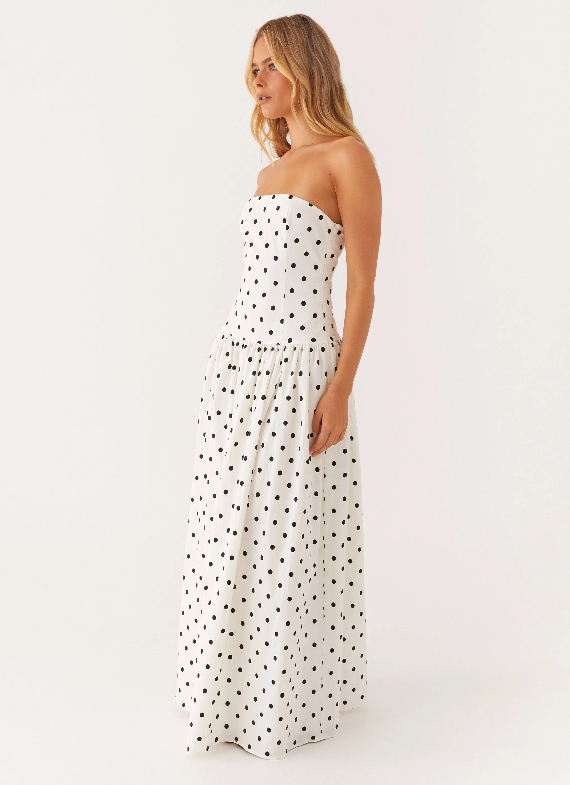 Andorra Maxi Dress - White Polkadot Beaded-Sleeve Sharp Fit