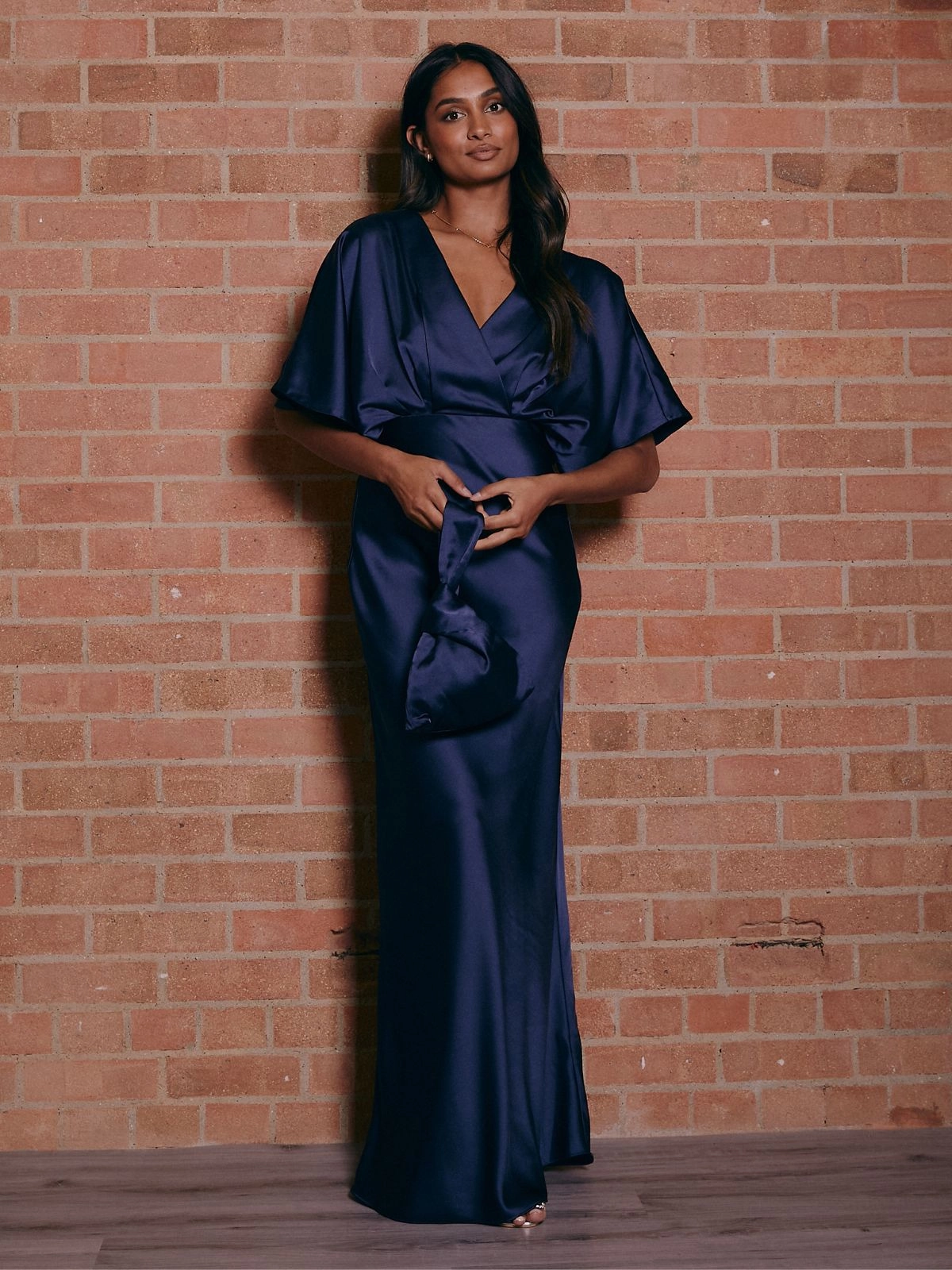 Angel Sleeve Maxi Satin Dress / Navy Recycled-Material