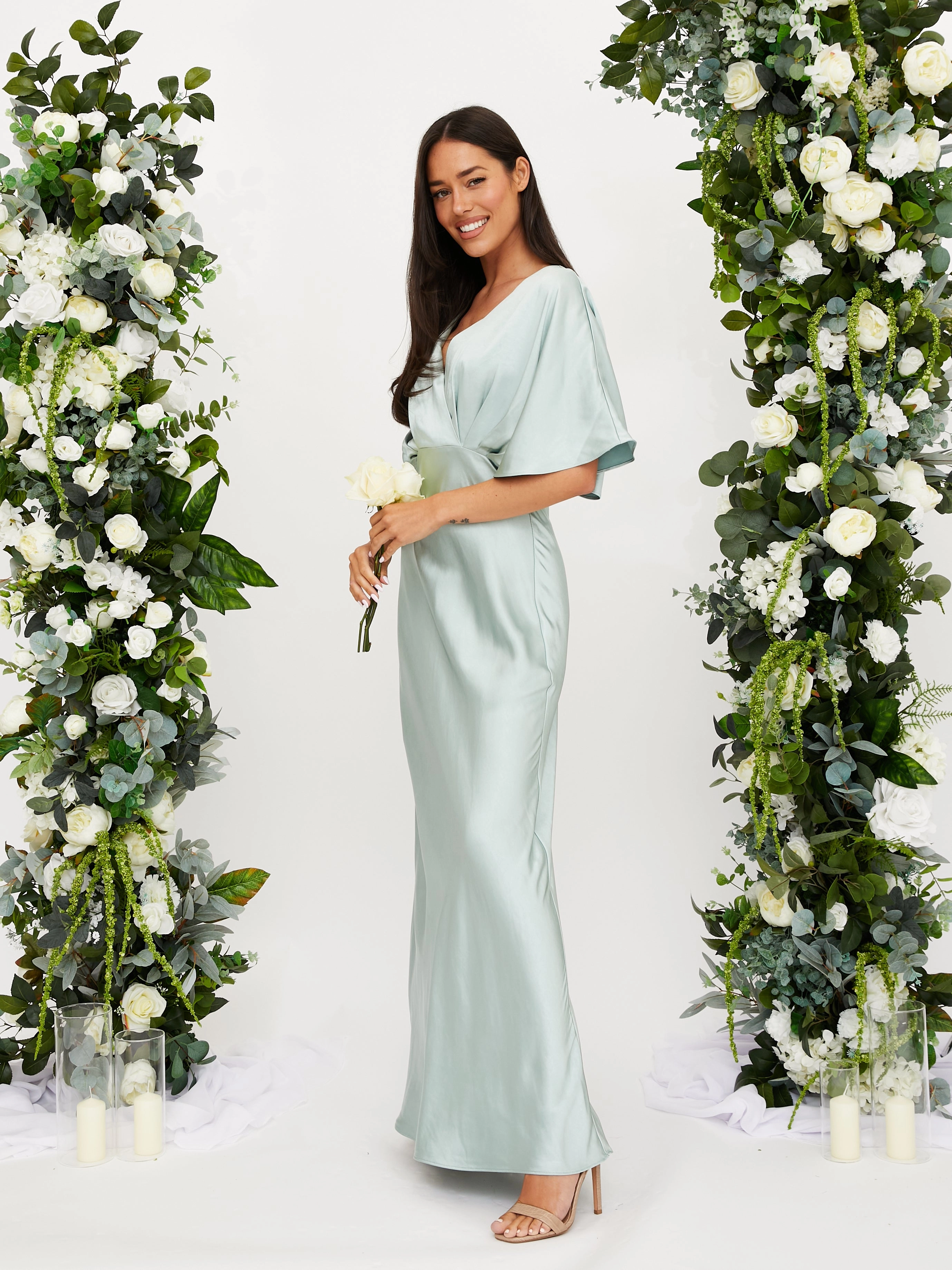 Smile Feel Aura Glow Angel Sleeve Maxi Satin Dress / Sage