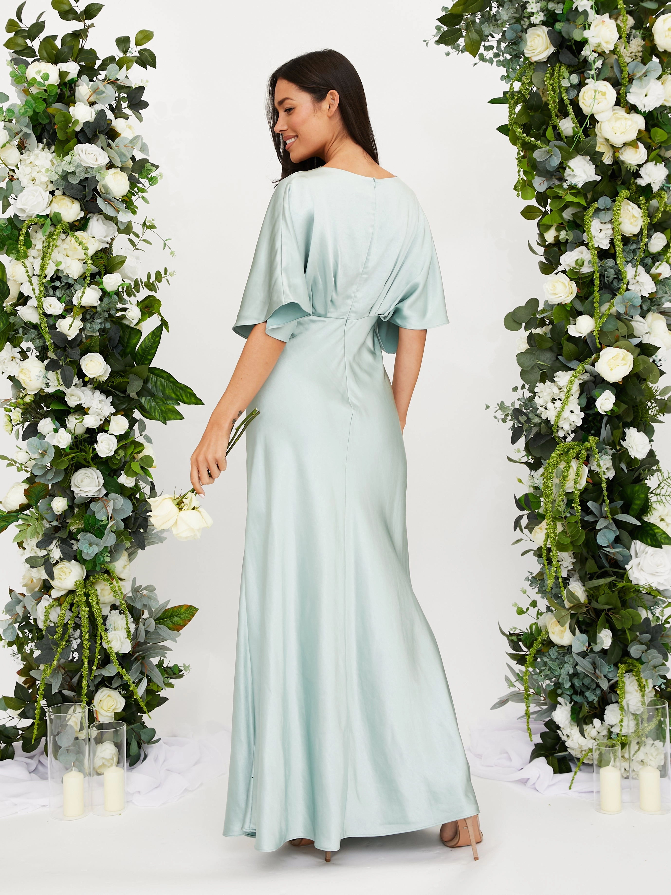 Boho Mood Tailored Wear Angel Sleeve Maxi Satin Dress / Sage