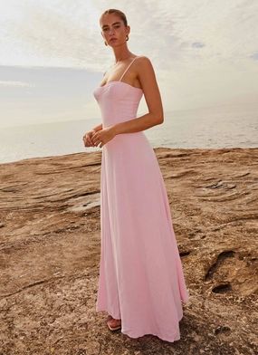 Romantic date dress Pose Sweet Angelina Linen Maxi Dress - Pink Petal