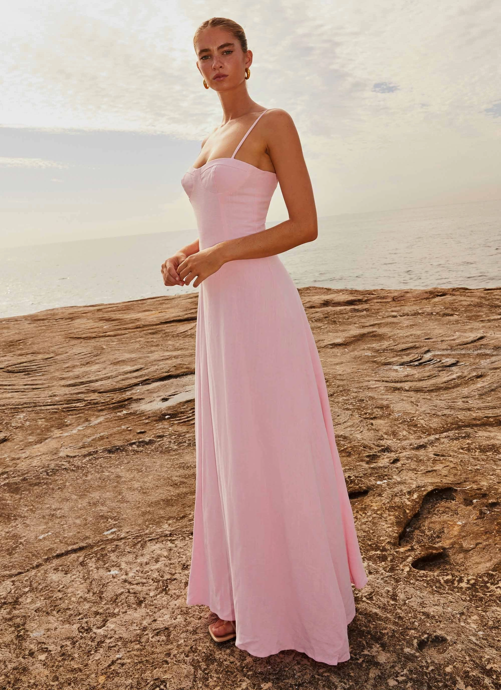 Romantic date dress Pose Sweet Angelina Linen Maxi Dress - Pink Petal
