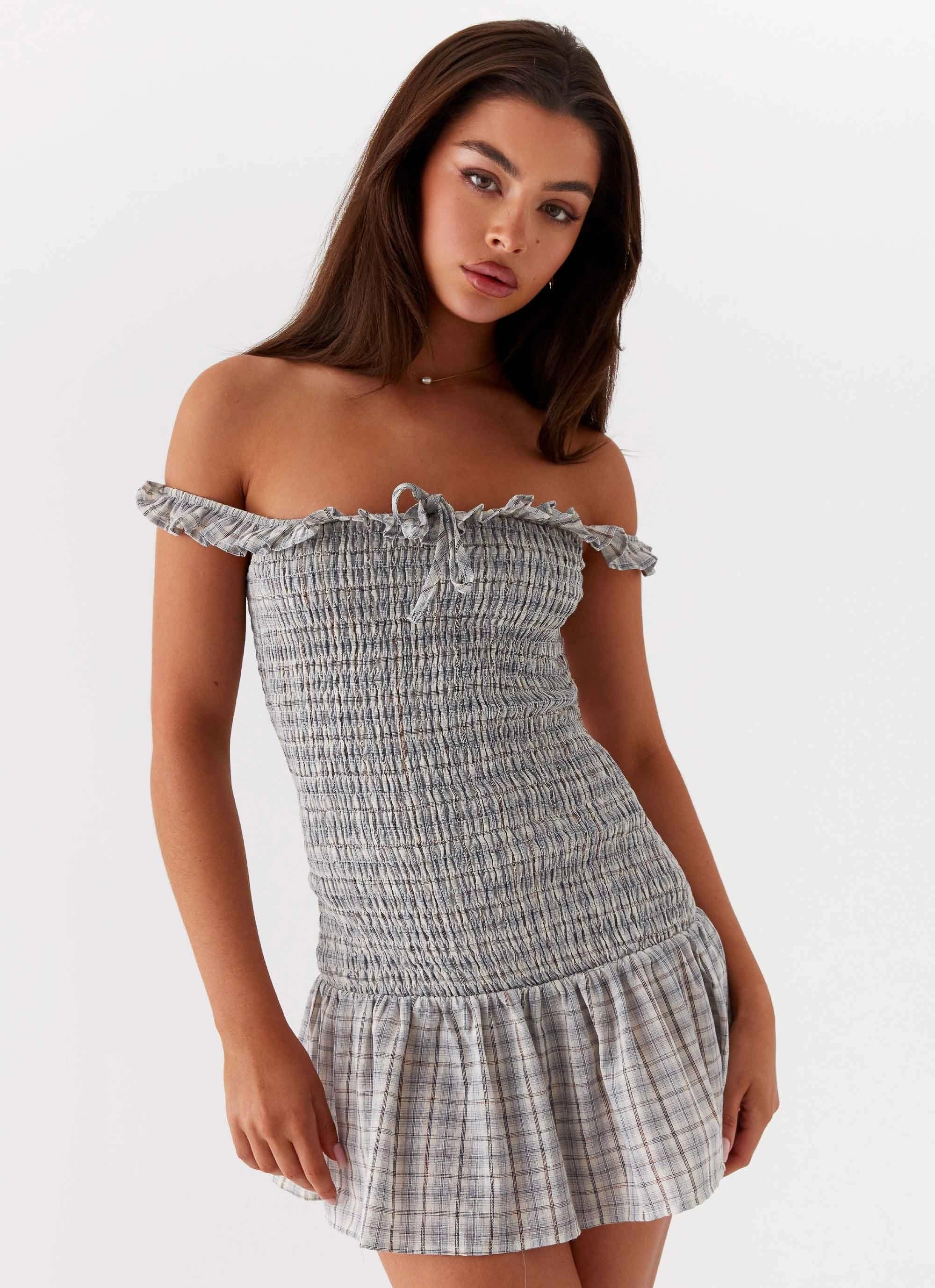 Anica Check Mini Dress - Grey Check Linen Love Trendy Layering