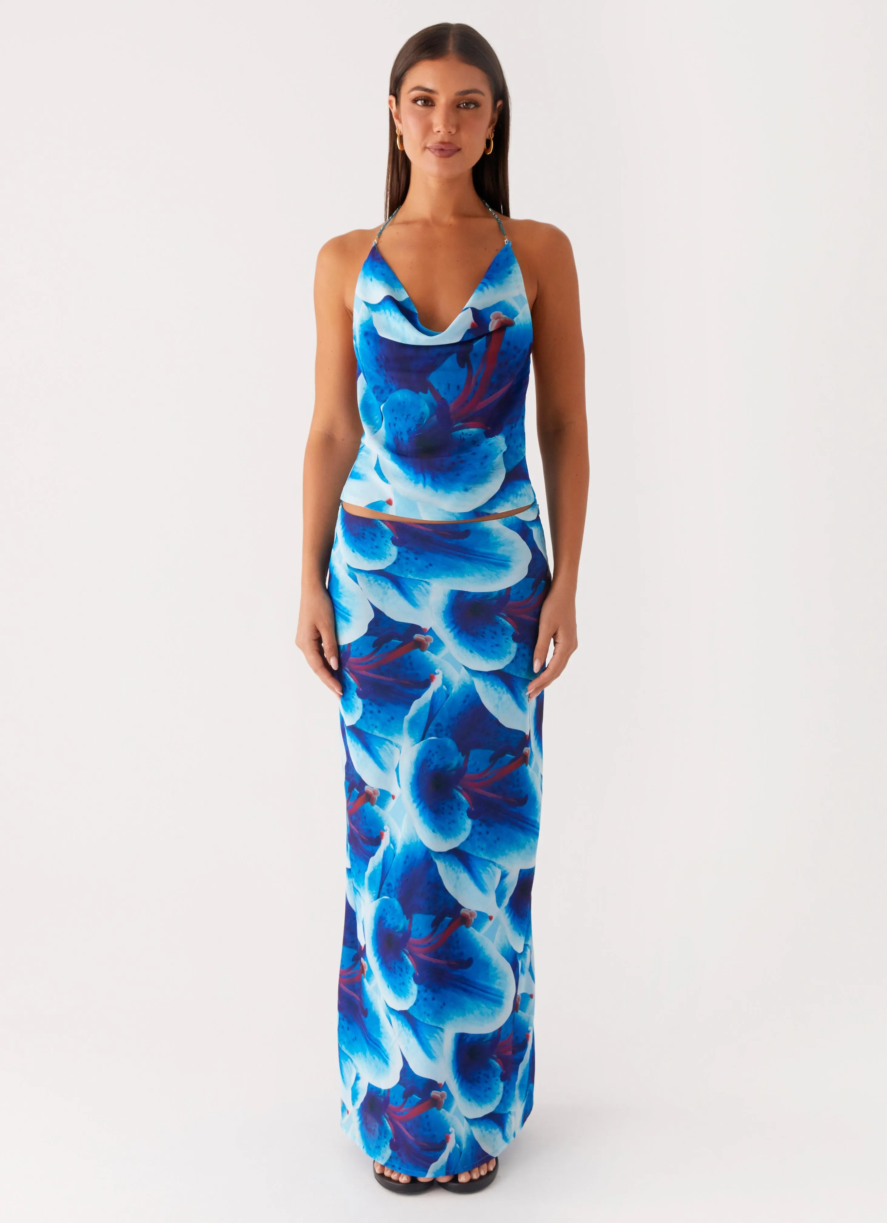 Another Life Chiffon Maxi Skirt - Turquoise Floral Light Wear