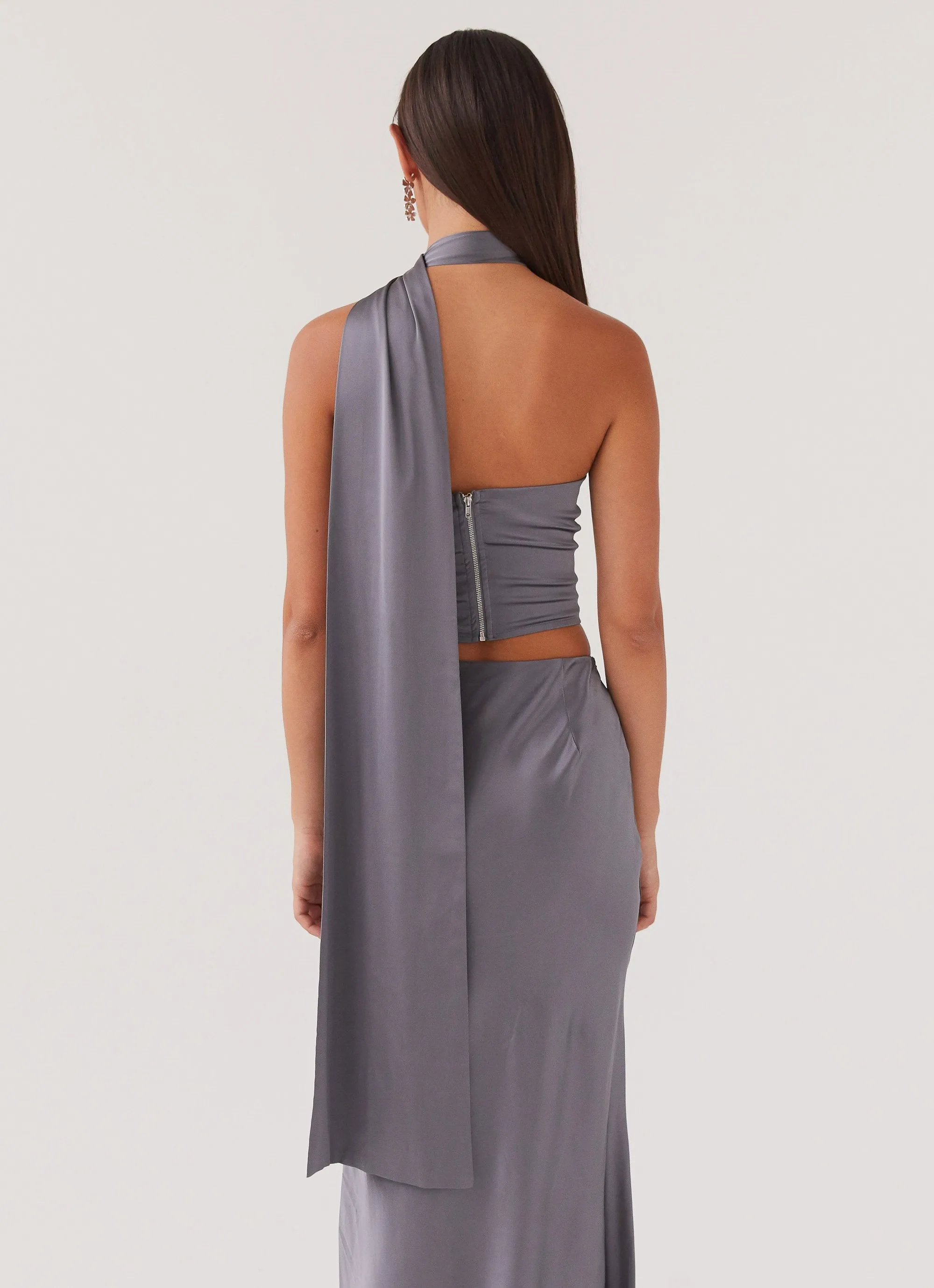 Josefina Satin Scarf Top - Slate FlexibleCuff FrictionFreeNeckline