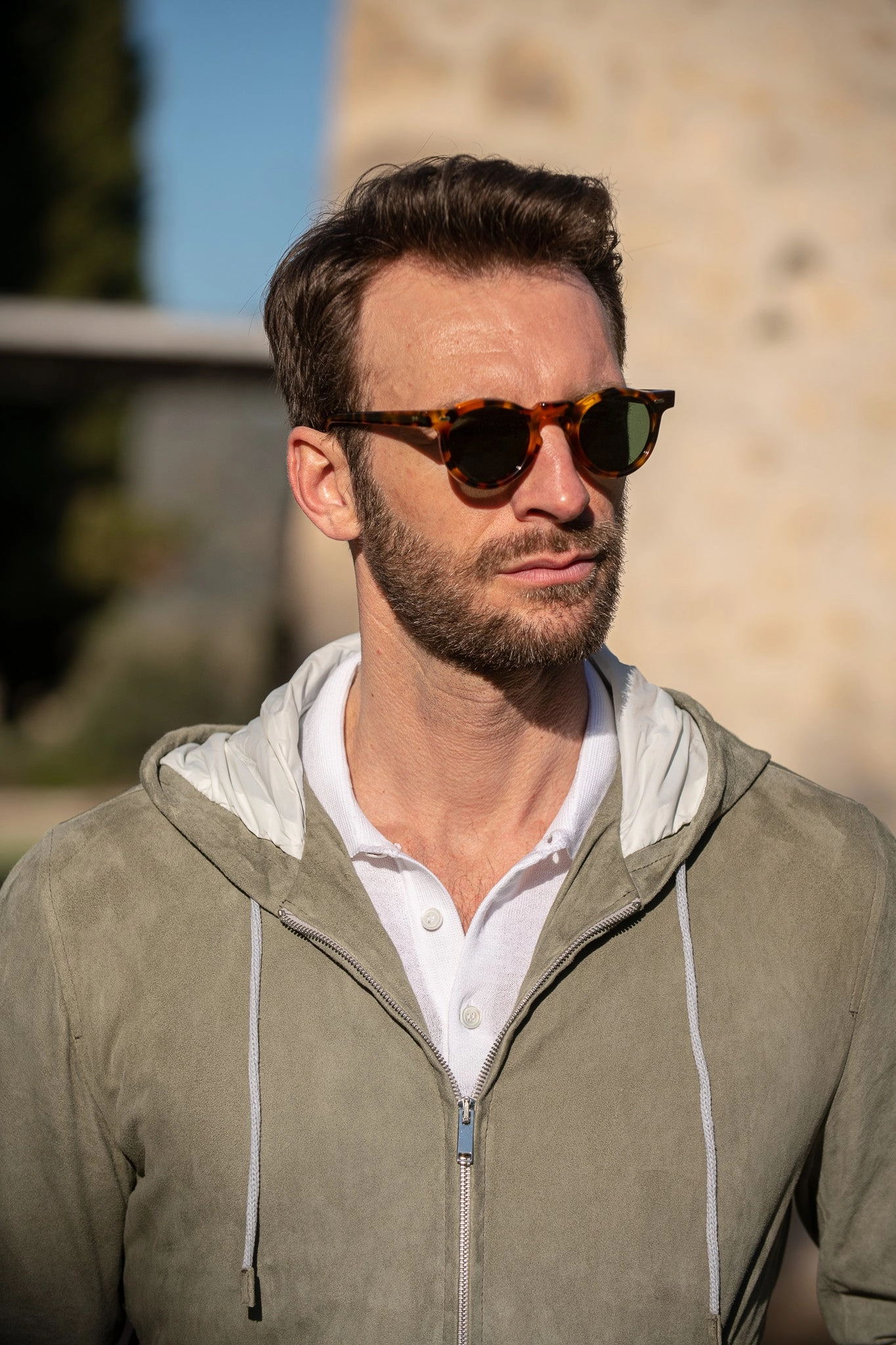 Sage suede hooded bomber jacket ?C Made in Italy Ventilation System