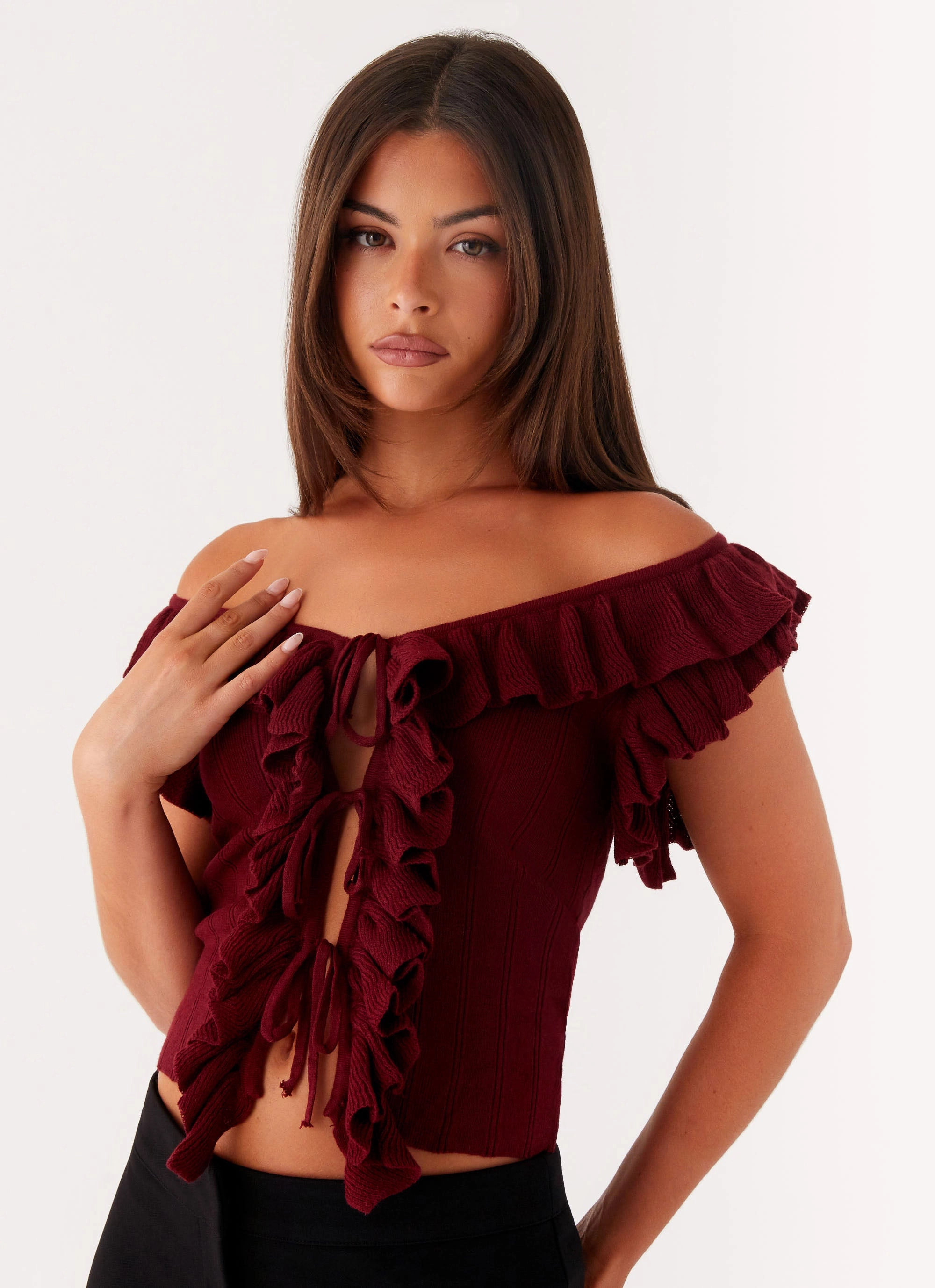 Self Fabric Tie Keeta Frill Top - Burgundy