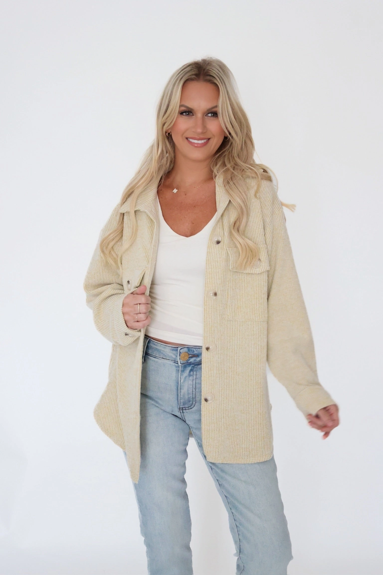 Ari Waffle Knit Shacket - Lime Metallic Fiber Blend WrinkleFree Fabric