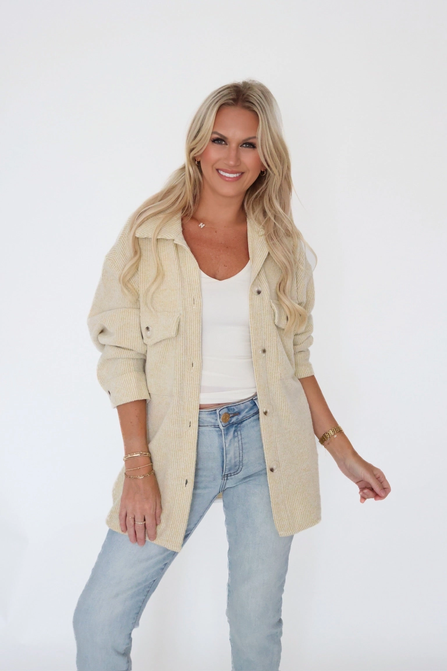 Ari Waffle Knit Shacket - Lime Active Blouse