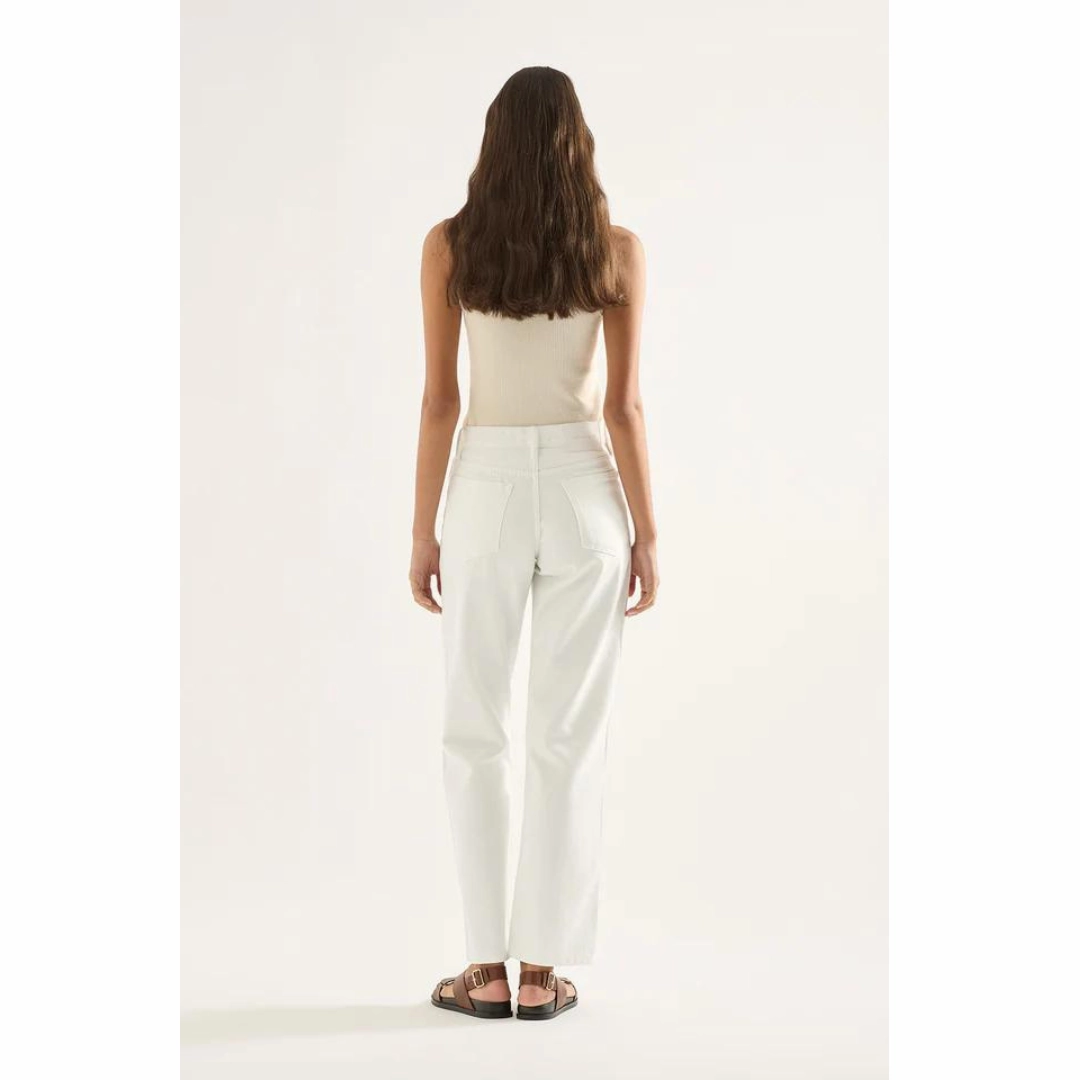 OUTLAND DENIM Elise Mid Straight Jean, Snow White ElasticCuffs Essential Look