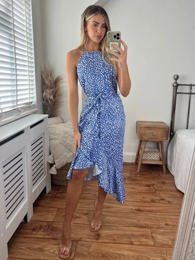 Ariana Halter Frill Dress / Blue Pebble Flattering and Effortless