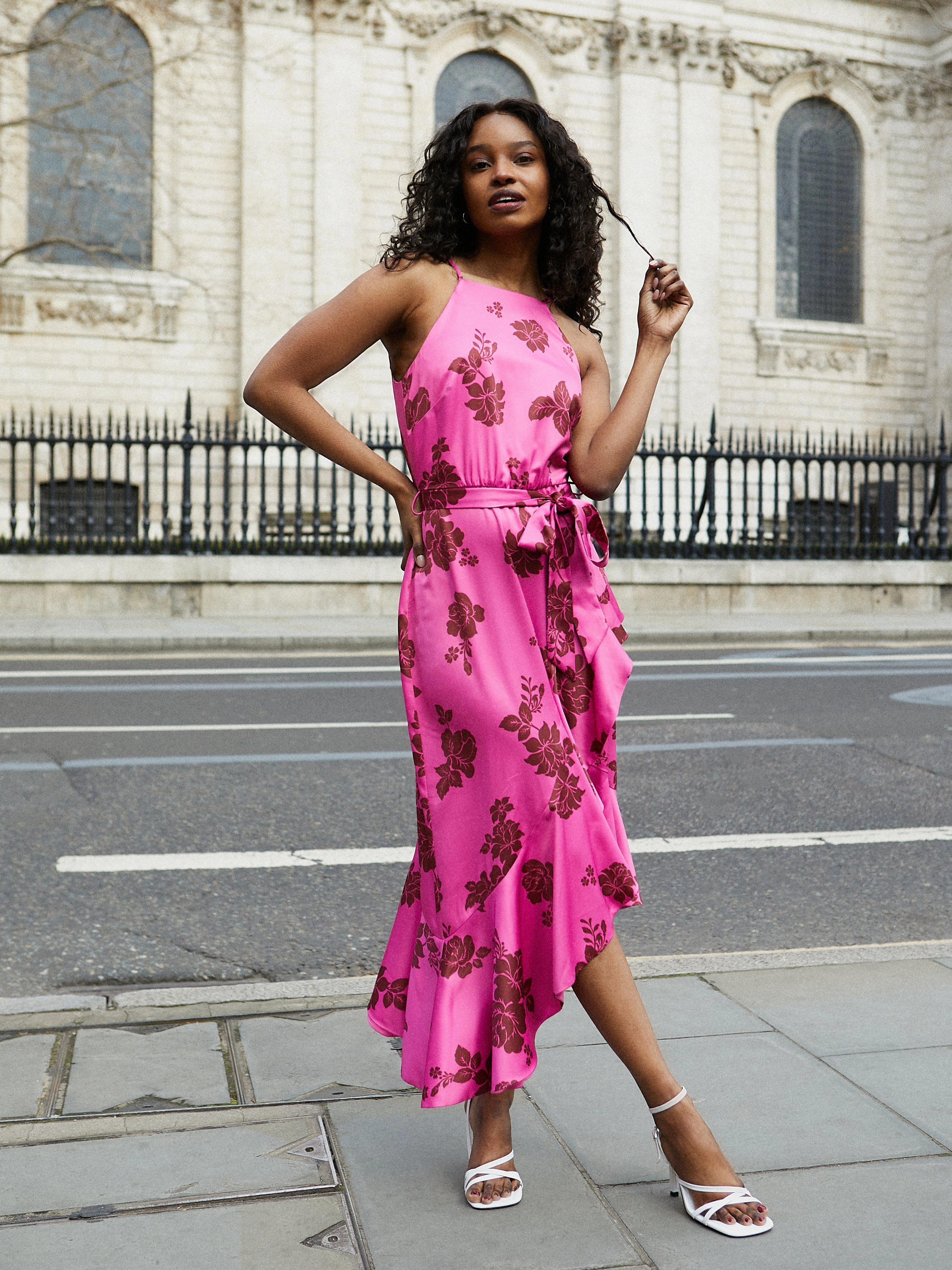 Airflow Mesh Insert Ariana Halter Frill Dress / Mulberry Floral Print