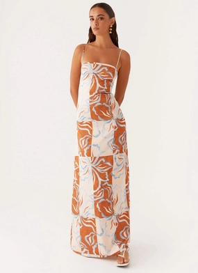 Aster Bloom Maxi Dress - Orange Blue Floral Modern and Feminine